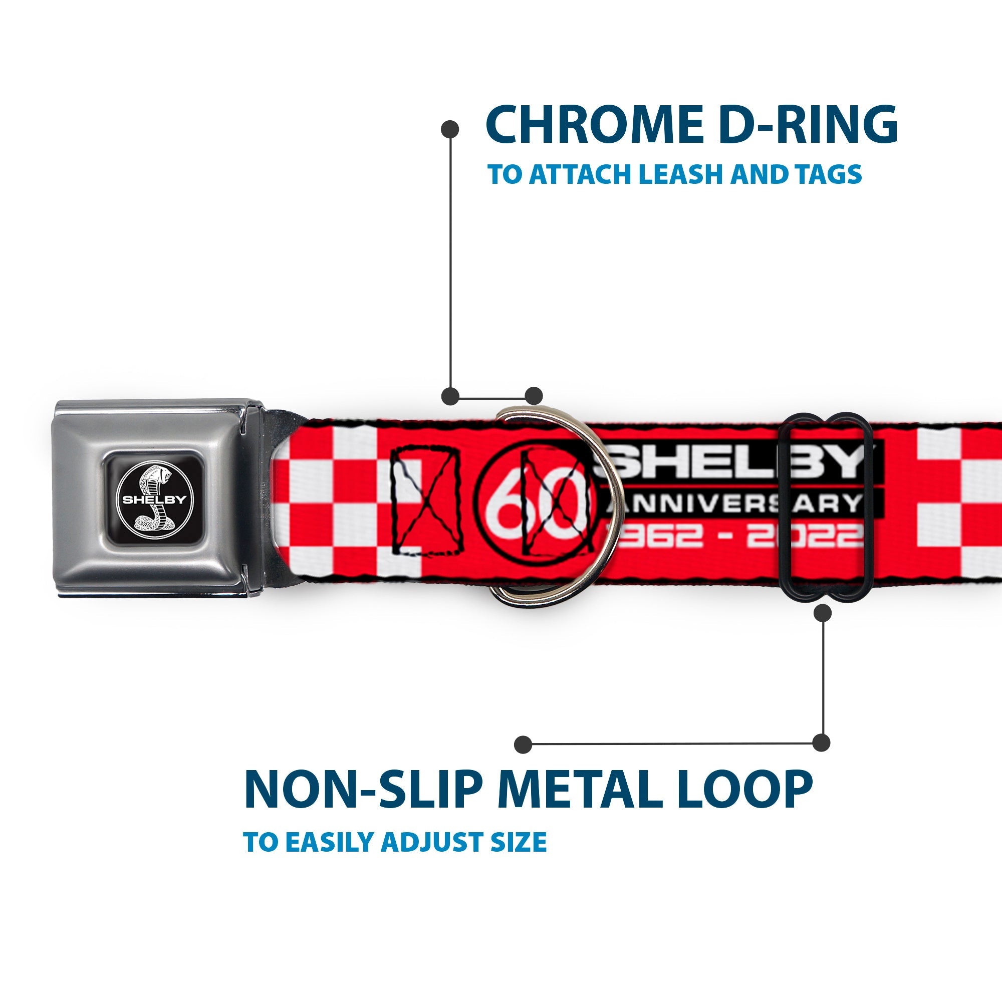 Buckle-Down Shelby Tiffany Split Full Color Black/White Seatbelt Buckle Dog Collar - Shelby 60th Anniversary Checker Red/Black/White