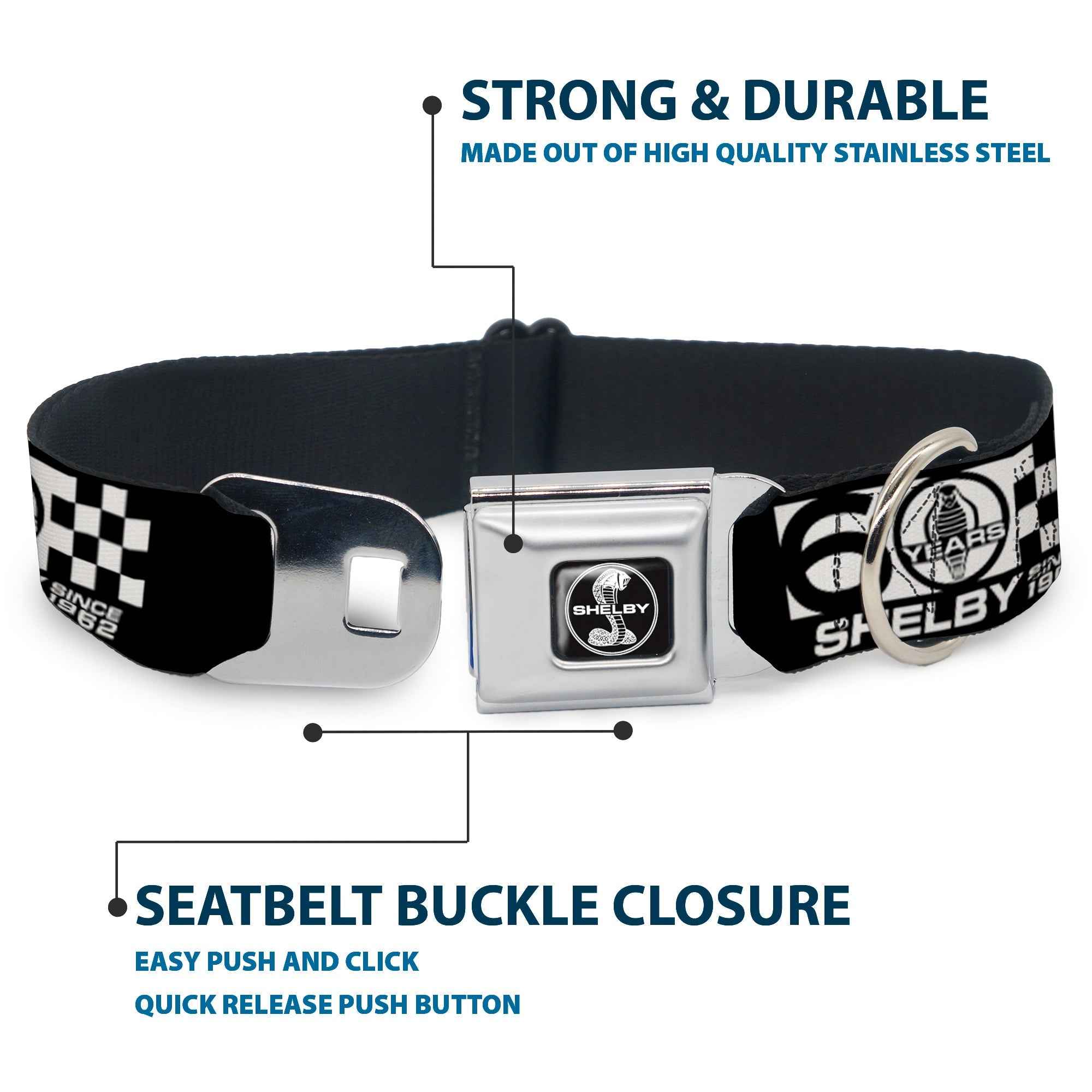 Buckle-Down Shelby Tiffany Split Full Color Black/White Seatbelt Buckle Dog Collar - Shelby 60 Years Since 1962 Checker Black/White
