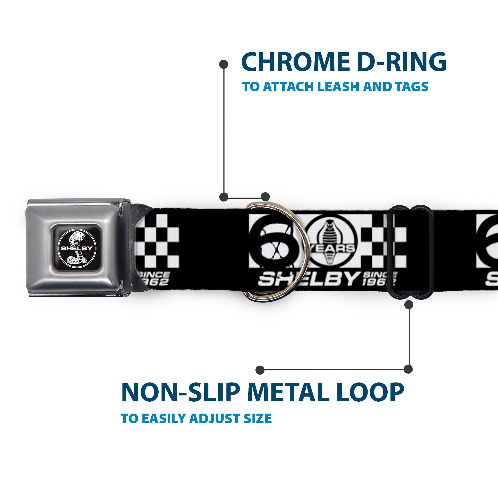 Buckle-Down Shelby Tiffany Split Full Color Black/White Seatbelt Buckle Dog Collar - Shelby 60 Years Since 1962 Checker Black/White