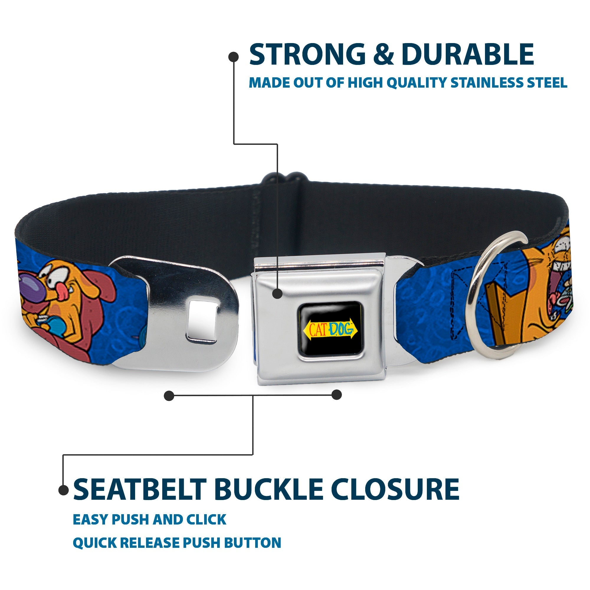 CatDog Stretch/CATDOG Logo Seatbelt Buckle Collar - CatDog Hanging Out Poses Blue