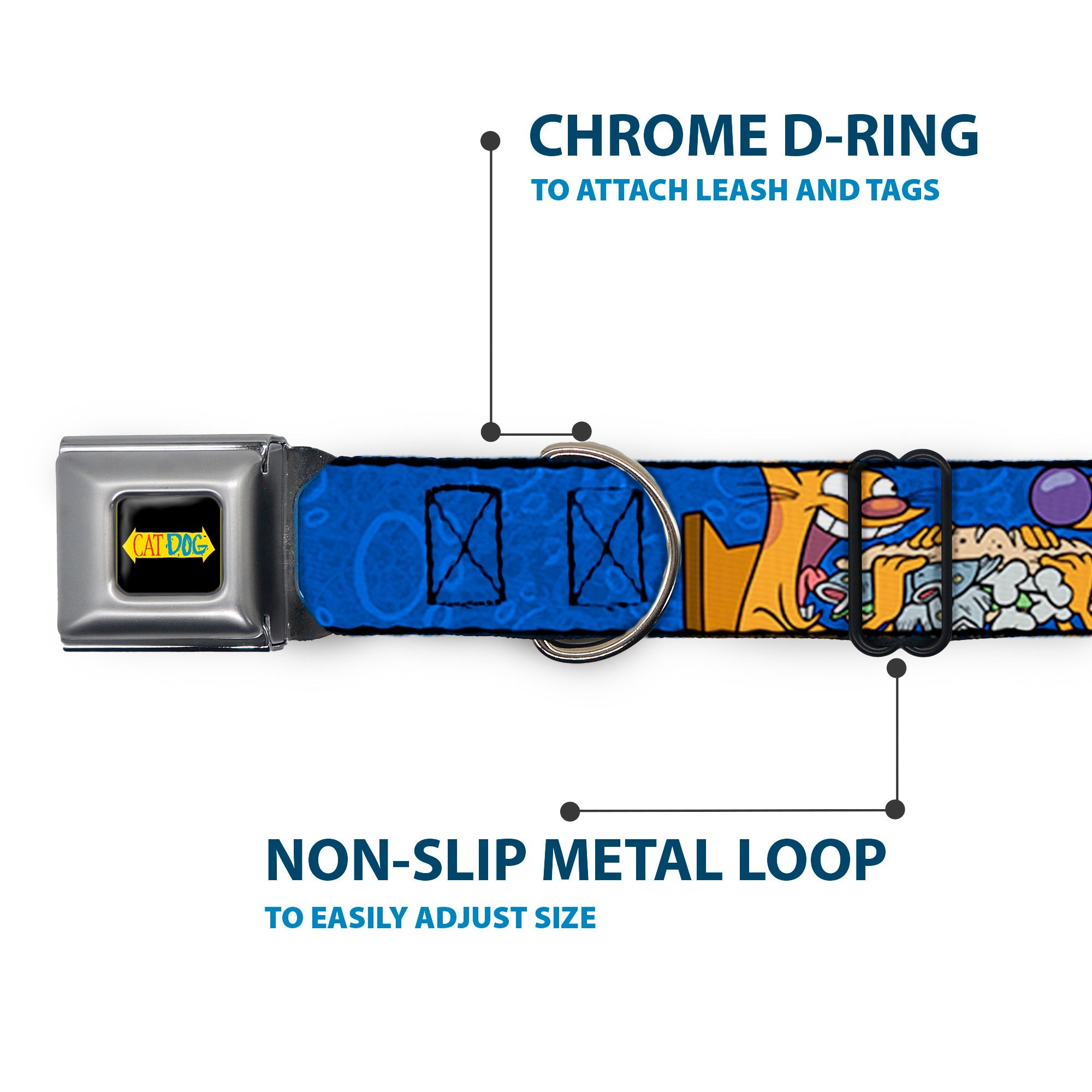 CatDog Stretch/CATDOG Logo Seatbelt Buckle Collar - CatDog Hanging Out Poses Blue