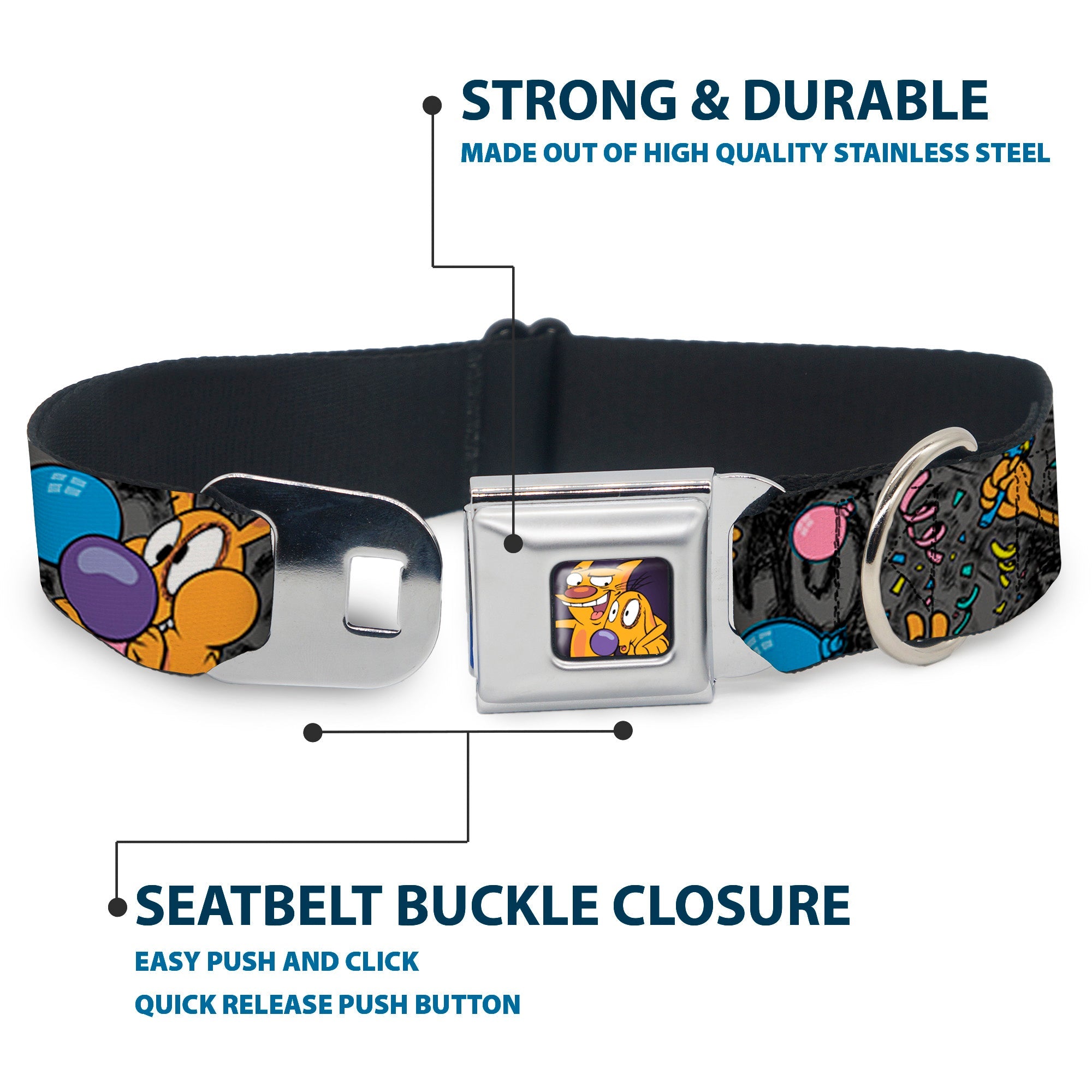 Dog & Cat Pose Full Color Seatbelt Buckle Collar - CatDog Party/Balloons/CATDOG Logo Gray/Black/Multi Color