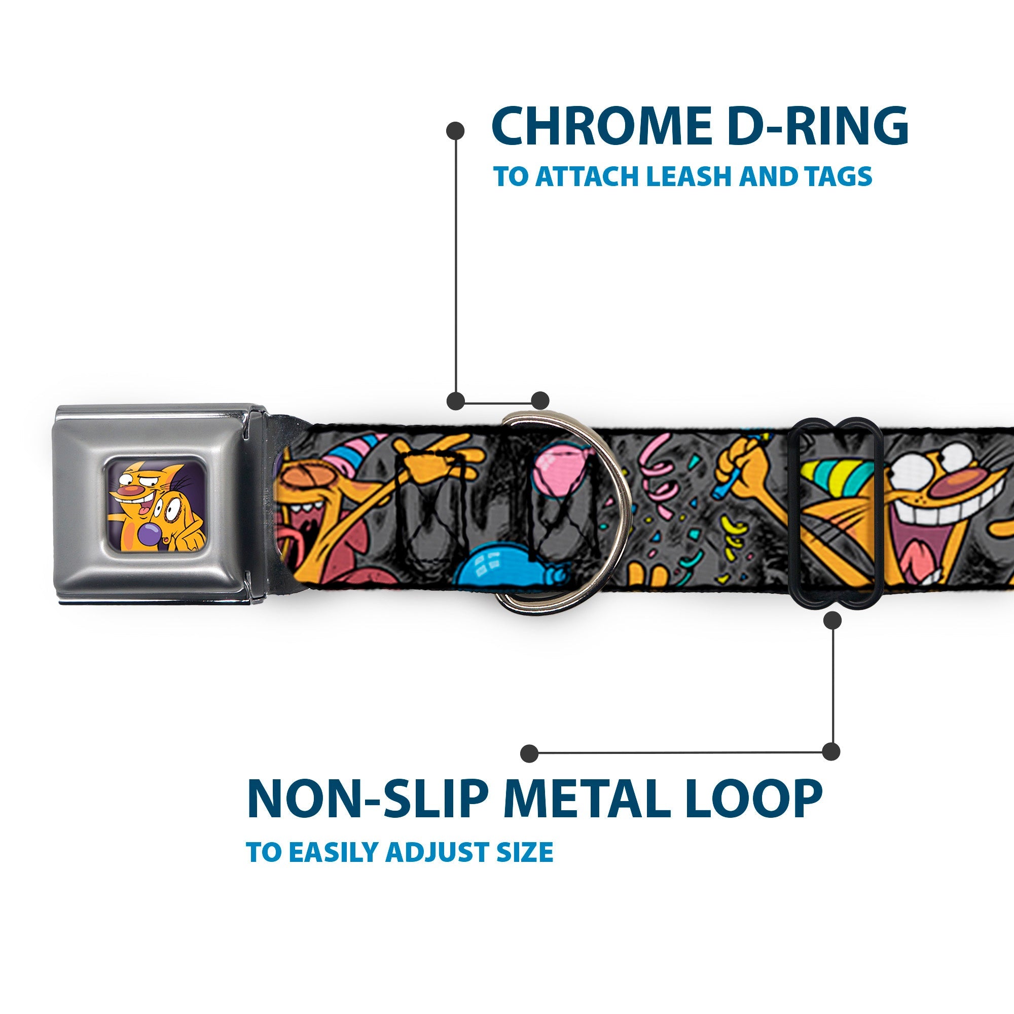 Dog & Cat Pose Full Color Seatbelt Buckle Collar - CatDog Party/Balloons/CATDOG Logo Gray/Black/Multi Color