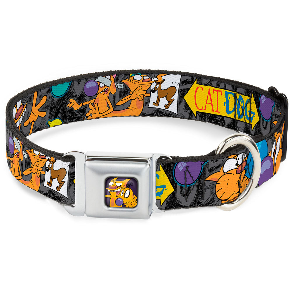 Dog & Cat Pose Full Color Seatbelt Buckle Collar - CatDog Party/Balloons/CATDOG Logo Gray/Black/Multi Color