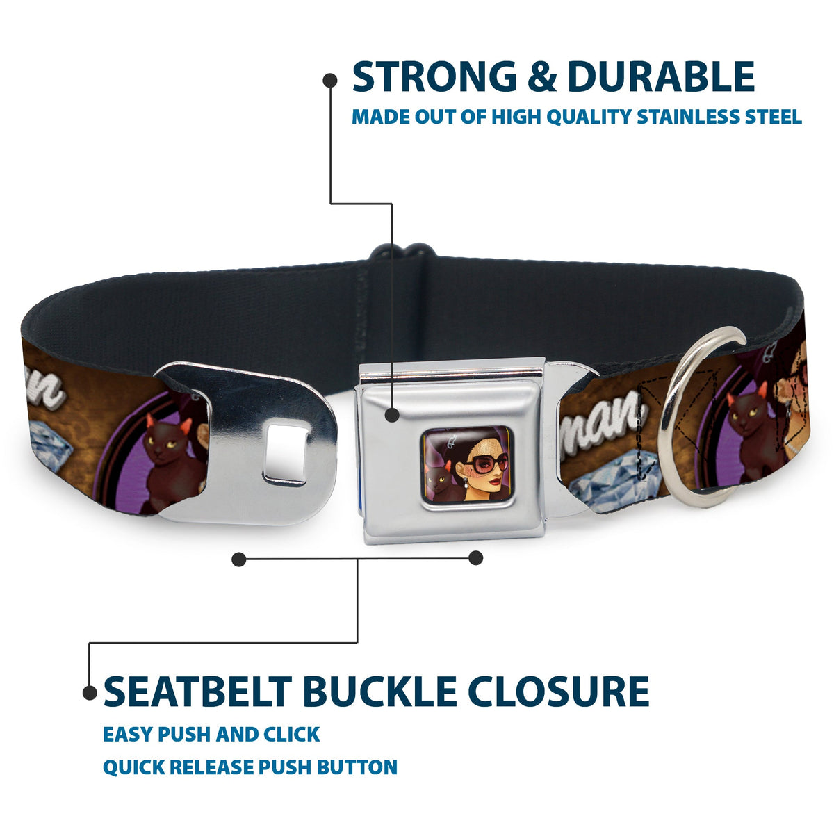 CATWOMAN Bombshell Face Full Color Purple Seatbelt Buckle Collar - CATWOMAN-NINE LIVES OF A FELINE FATALE Bombshell Pose/Diamonds