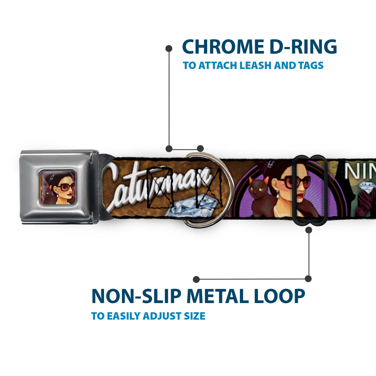 CATWOMAN Bombshell Face Full Color Purple Seatbelt Buckle Collar - CATWOMAN-NINE LIVES OF A FELINE FATALE Bombshell Pose/Diamonds