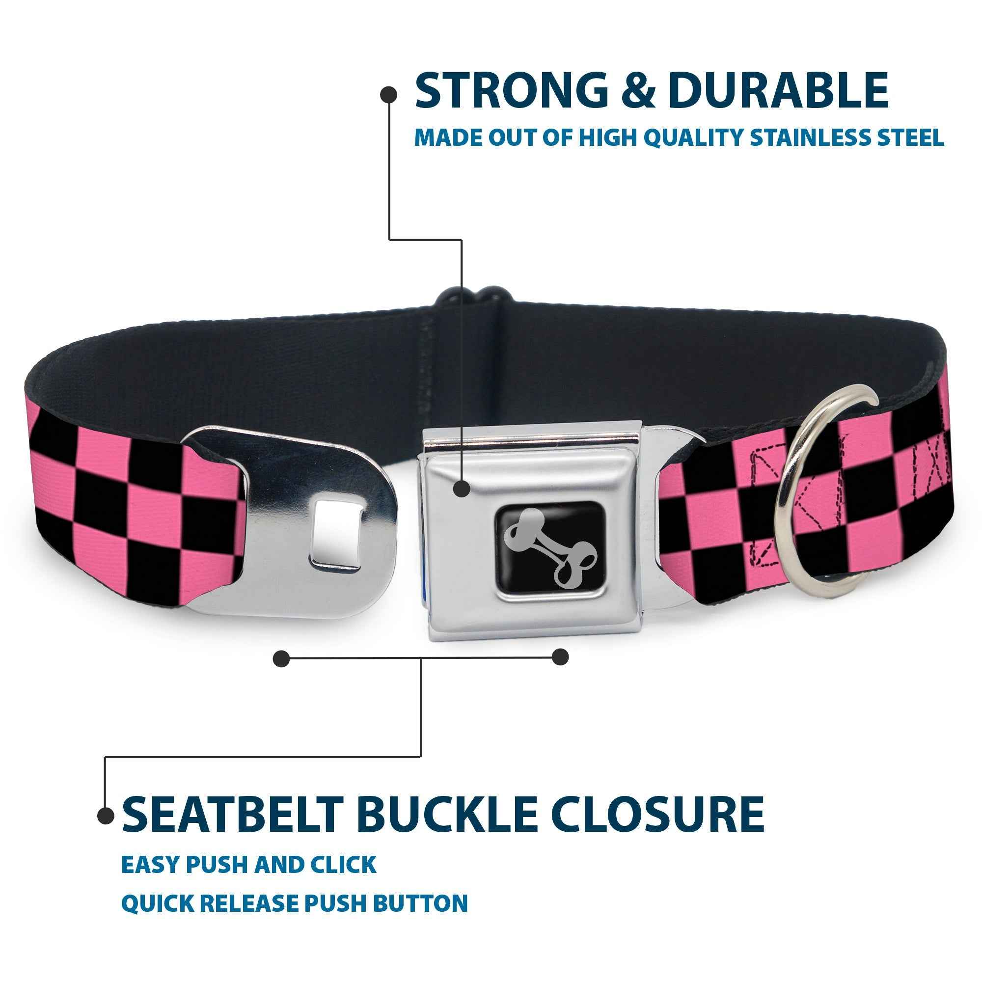 Buckle-Down Checker Black/Pink Seatbelt Buckle Dog Collar