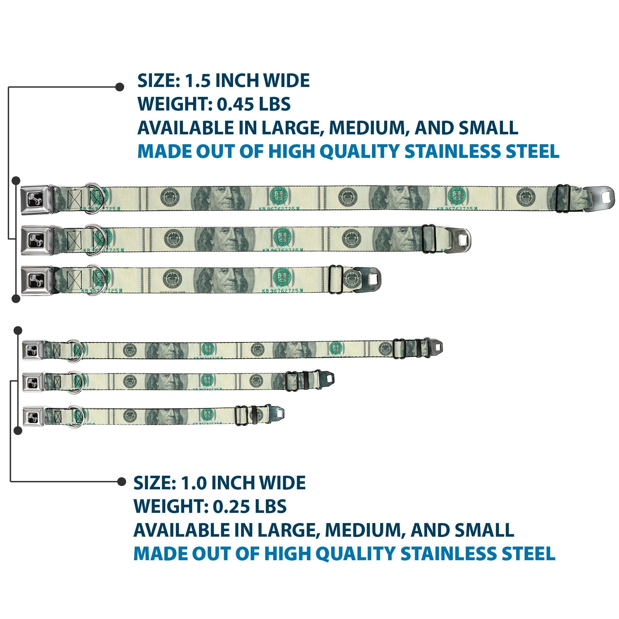 Dog Bone Seatbelt Buckle Collar - 100 Dollar Bill CLOSE-UP