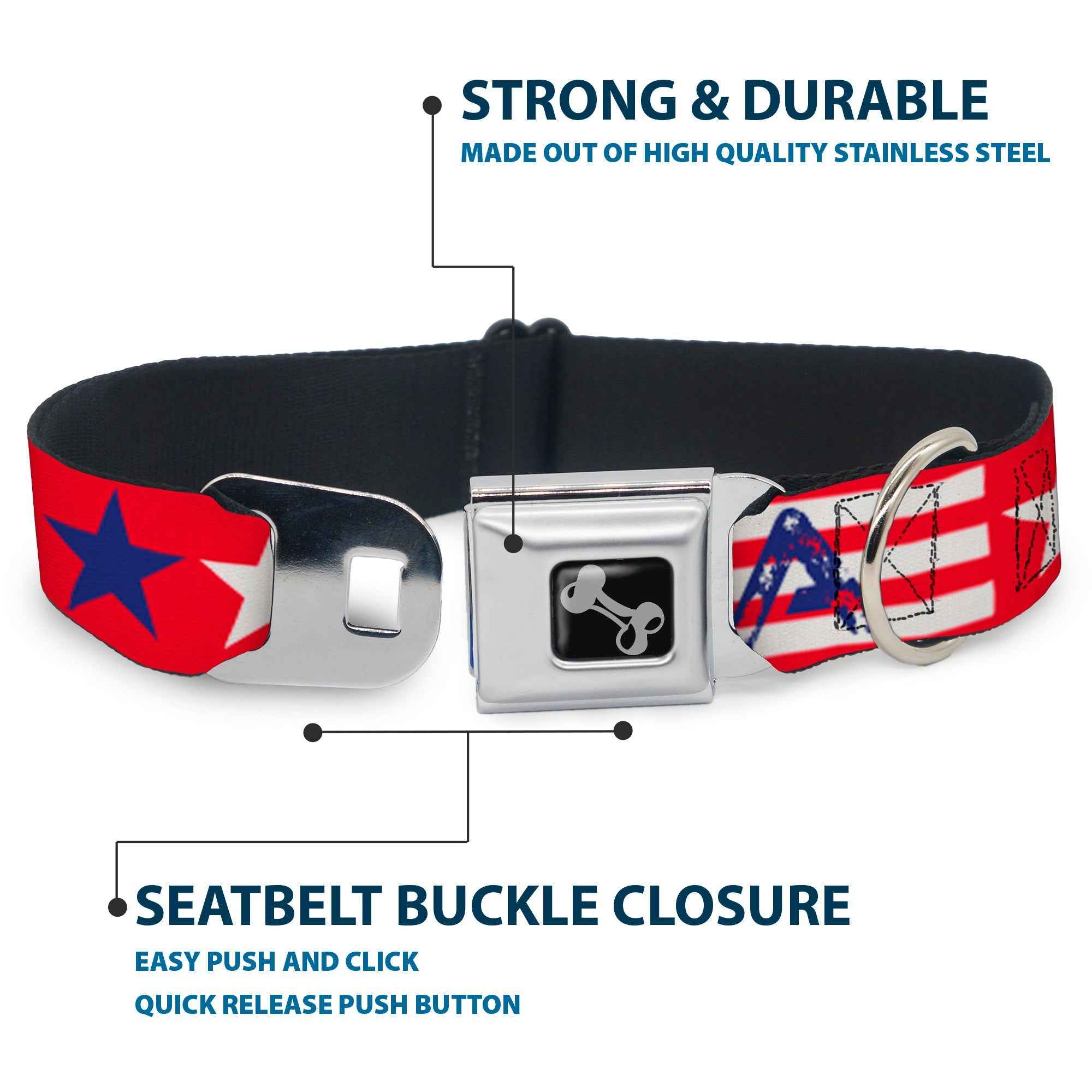 Buckle-Down Merica Stripes/Stars Red/White/Blue Seatbelt Buckle Dog Collar