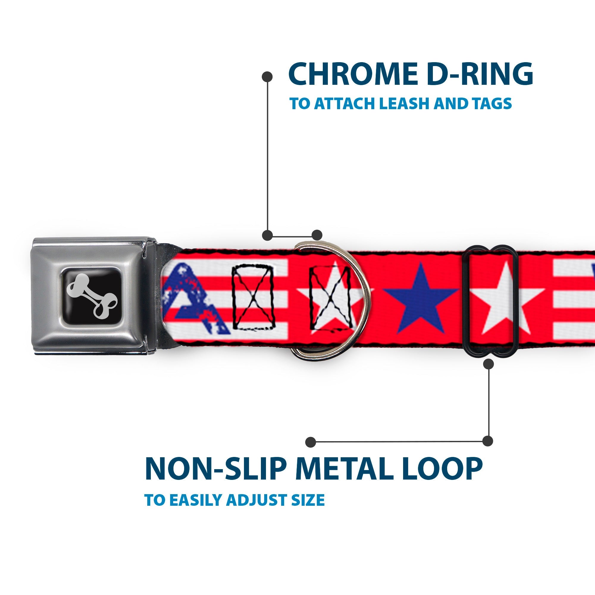 Buckle-Down Merica Stripes/Stars Red/White/Blue Seatbelt Buckle Dog Collar