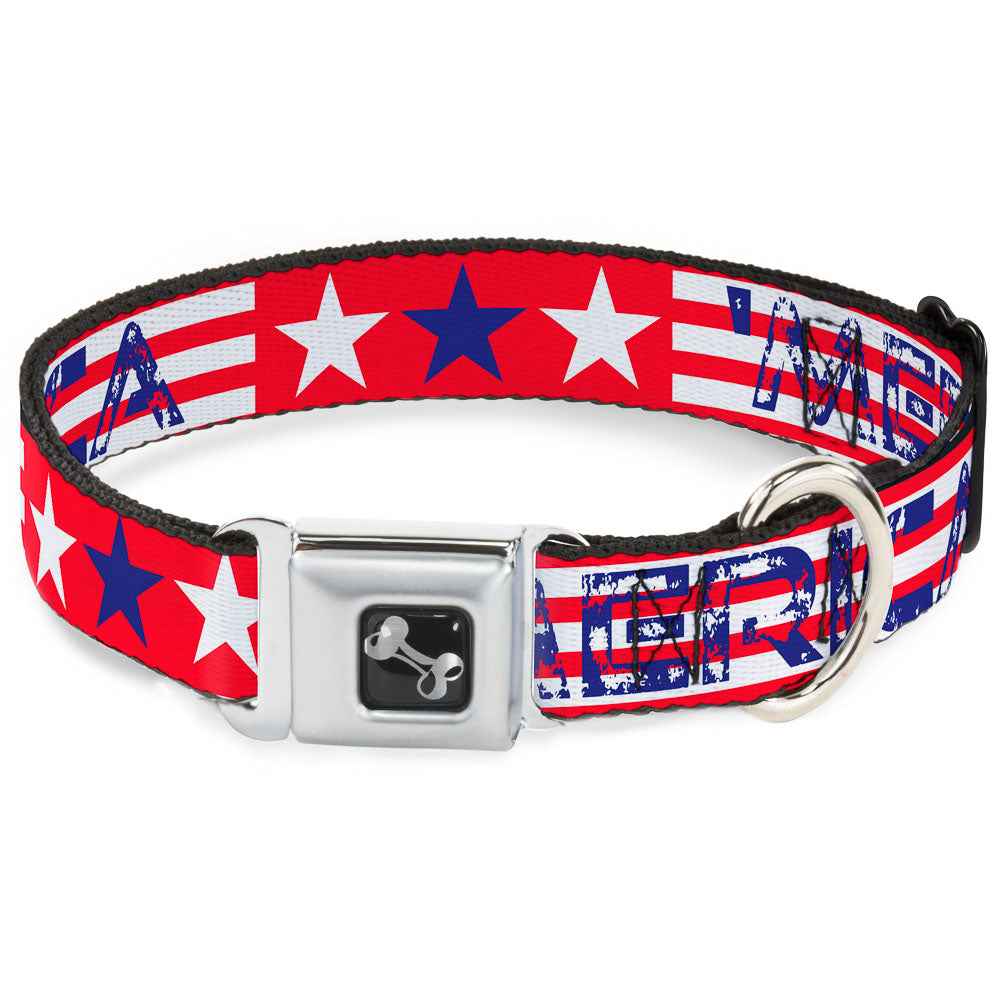 Buckle-Down Merica Stripes/Stars Red/White/Blue Seatbelt Buckle Dog Collar