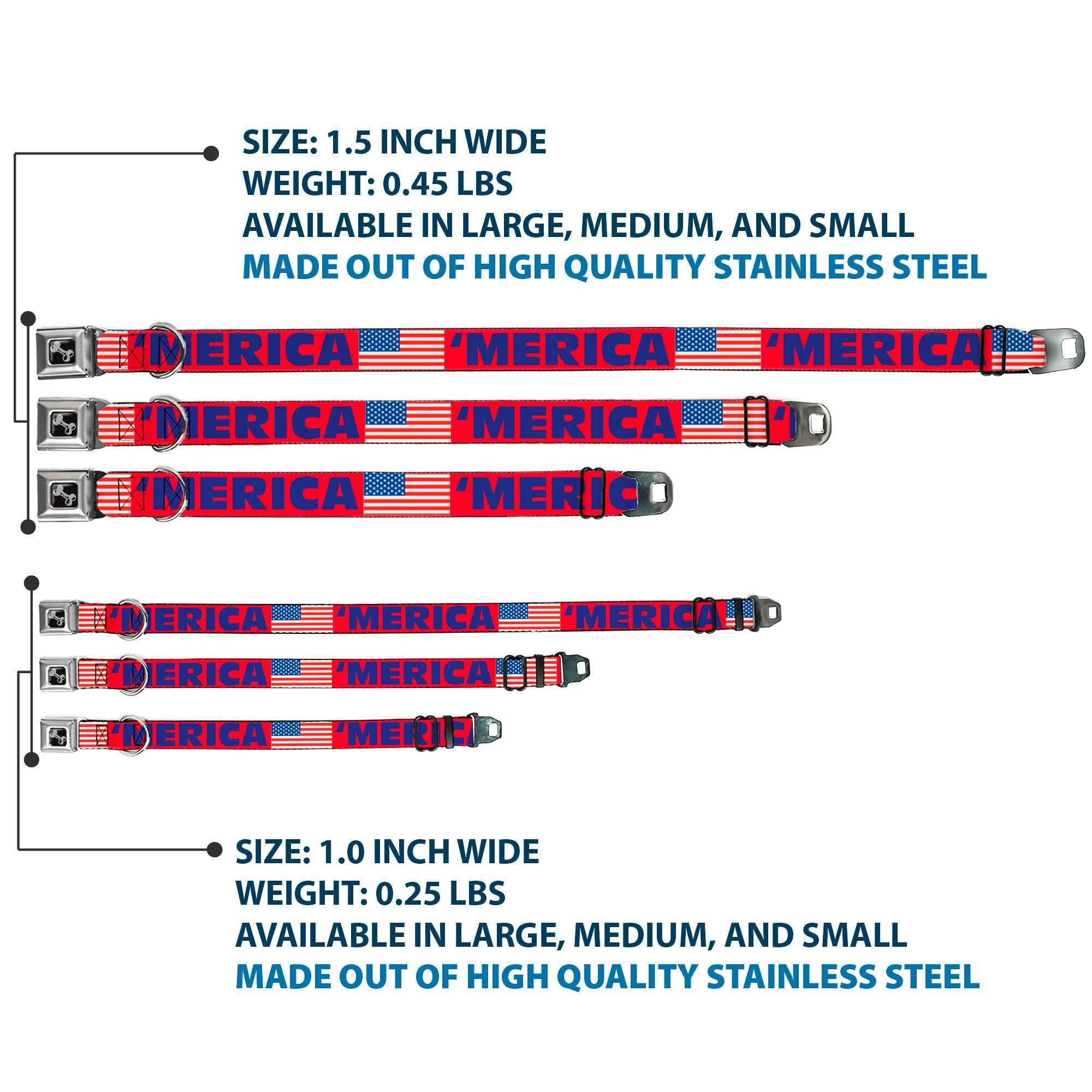 Buckle-Down Merica/US Flag Red/Blue/White Seatbelt Buckle Dog Collar