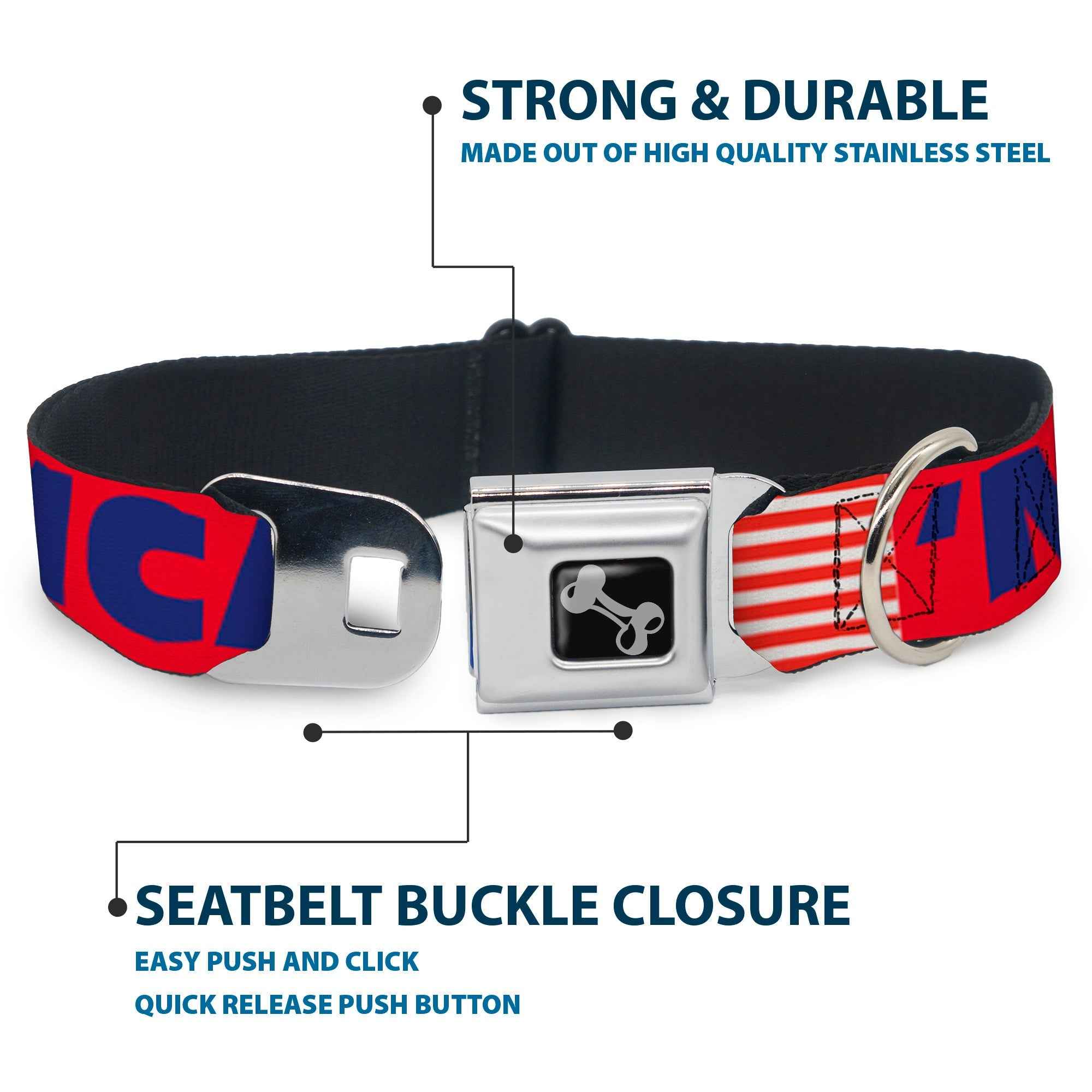 Buckle-Down Merica/US Flag Red/Blue/White Seatbelt Buckle Dog Collar