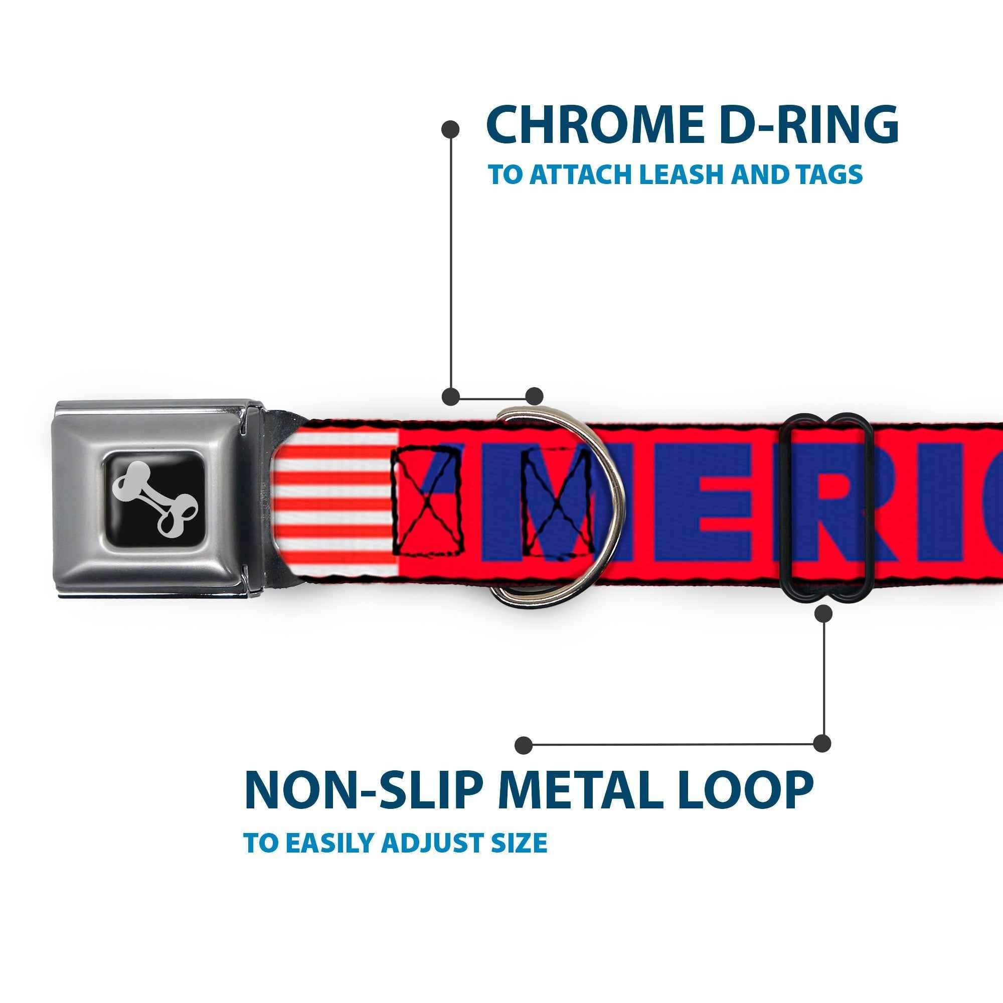 Buckle-Down Merica/US Flag Red/Blue/White Seatbelt Buckle Dog Collar