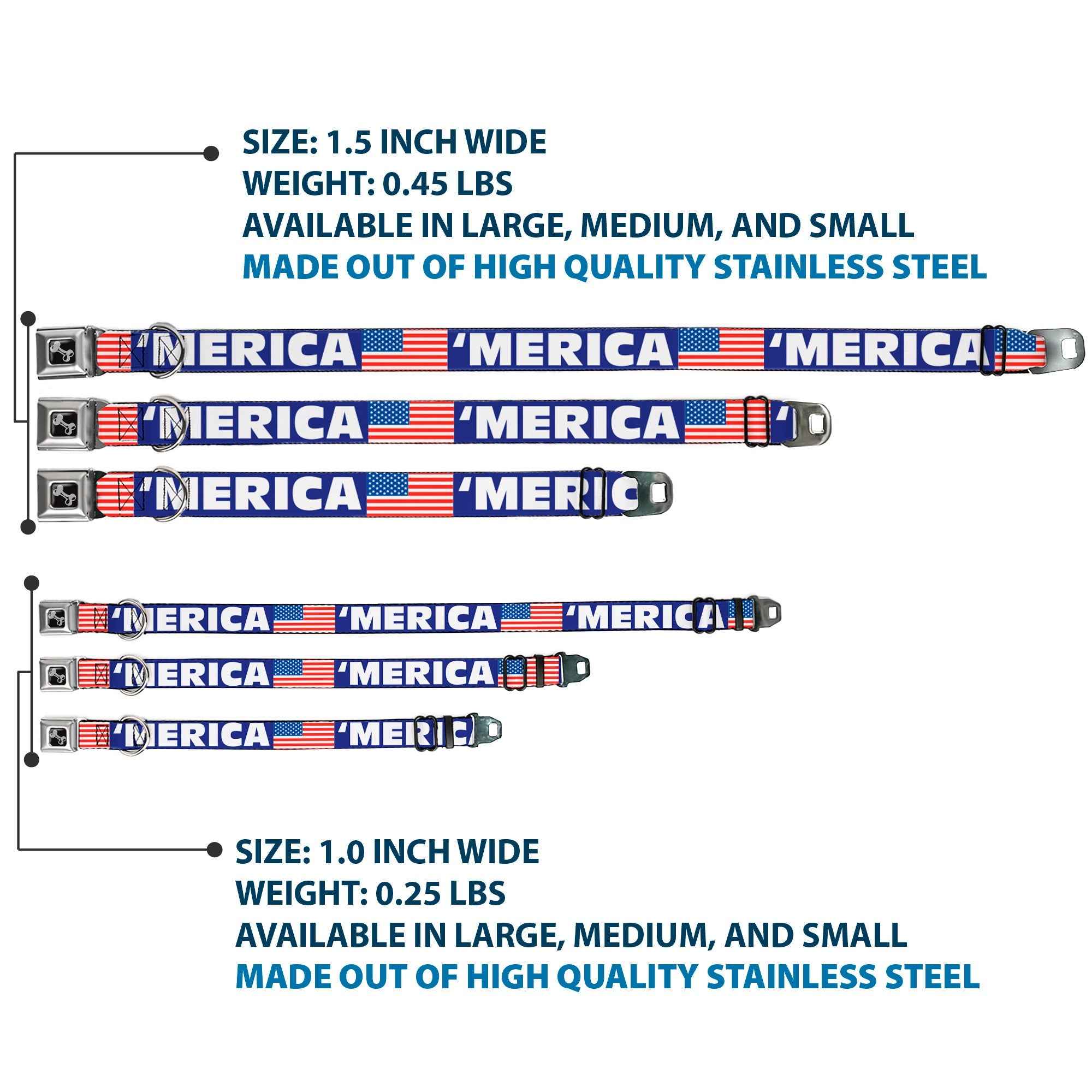 Buckle-Down Merica/US Flag Blue/White/Red Seatbelt Buckle Dog Collar