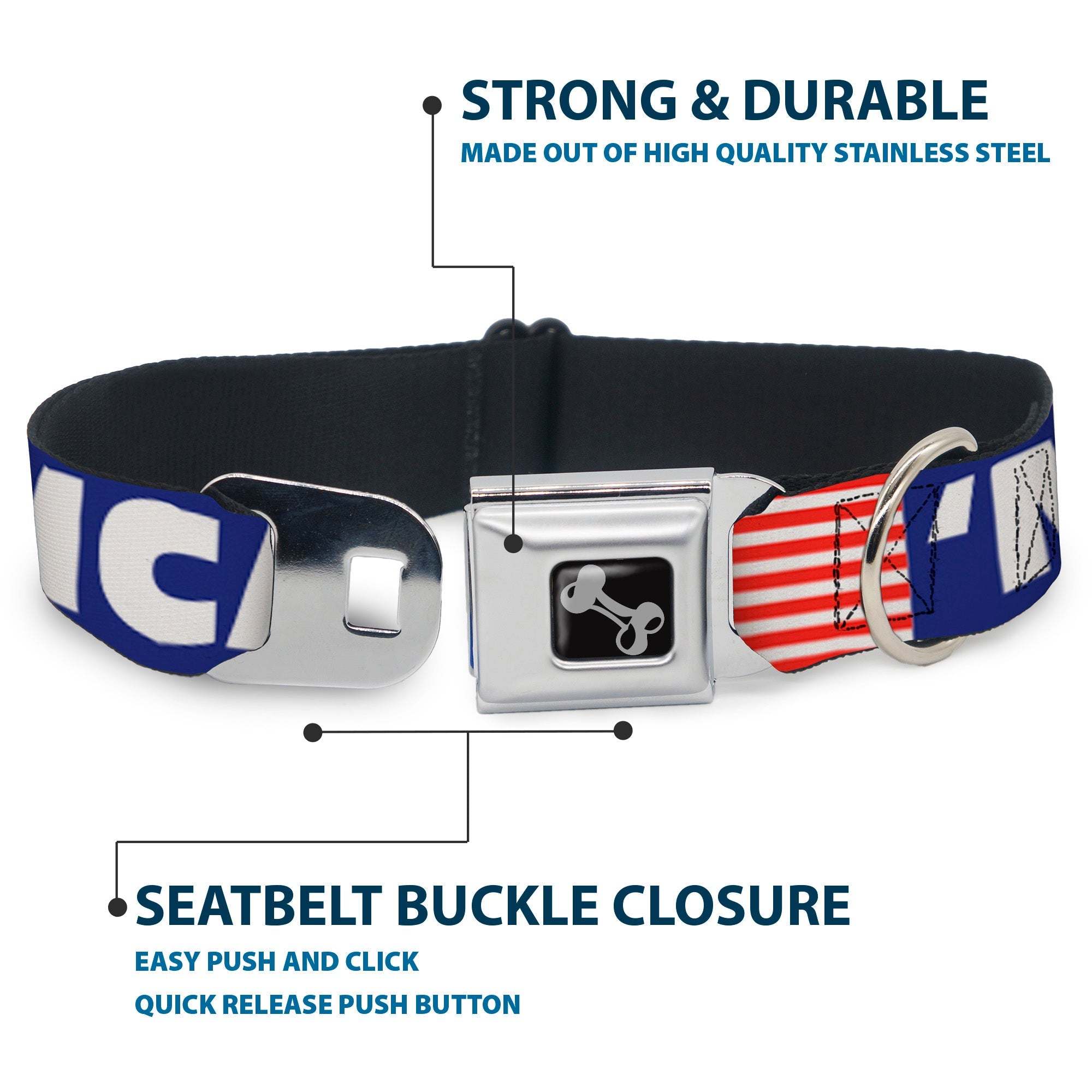 Buckle-Down Merica/US Flag Blue/White/Red Seatbelt Buckle Dog Collar