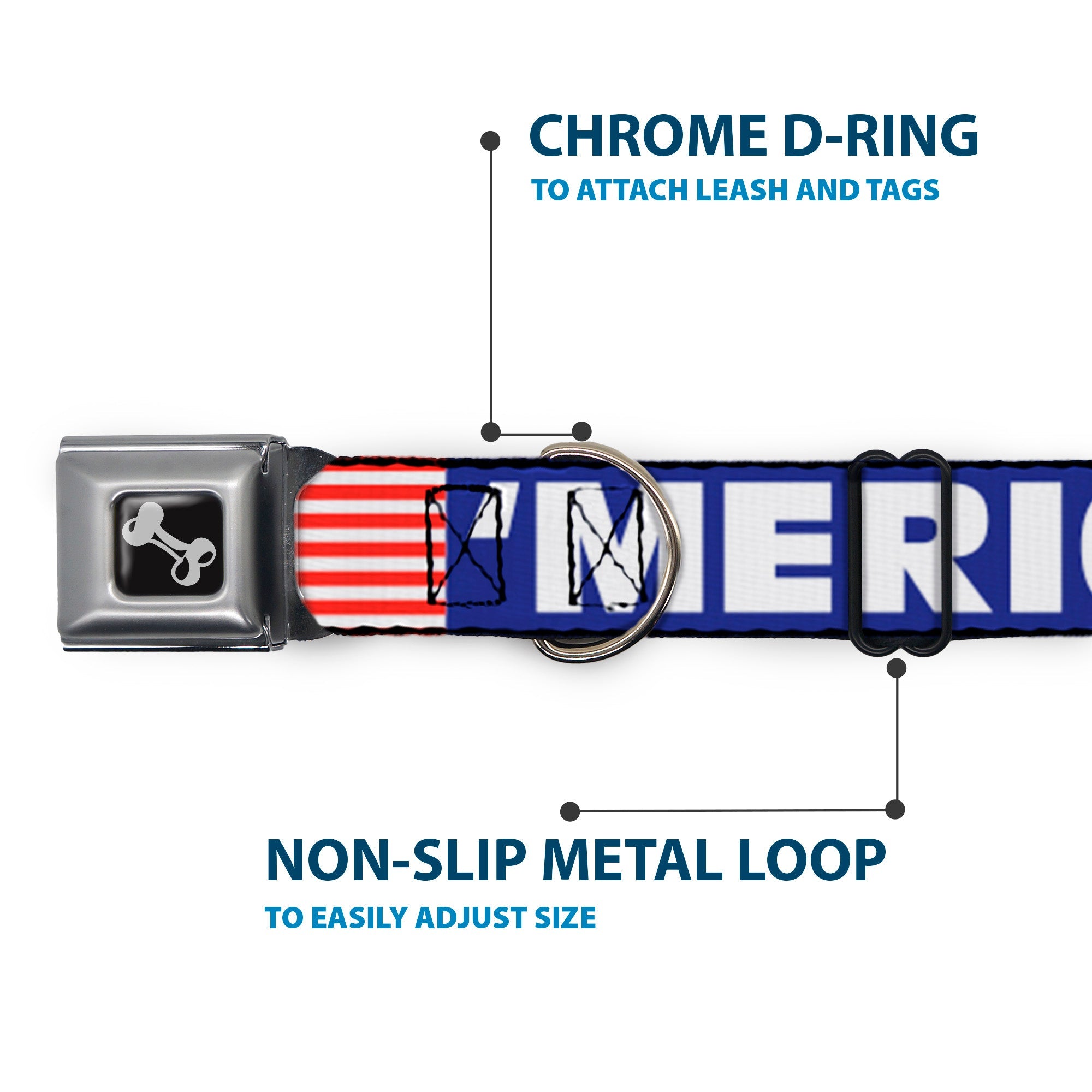 Buckle-Down Merica/US Flag Blue/White/Red Seatbelt Buckle Dog Collar