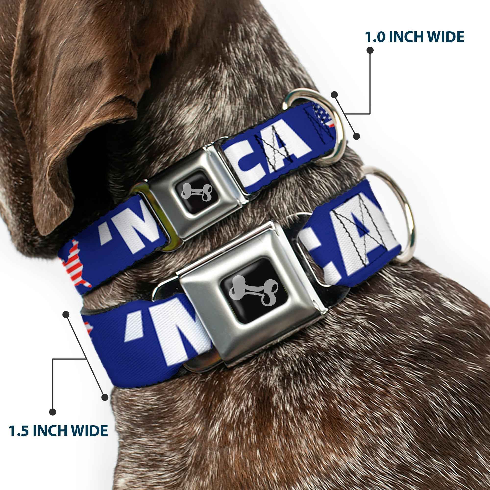 Dog Bone Seatbelt Buckle Collar - MERICA/USA Silhouette Blue/White/US Flag