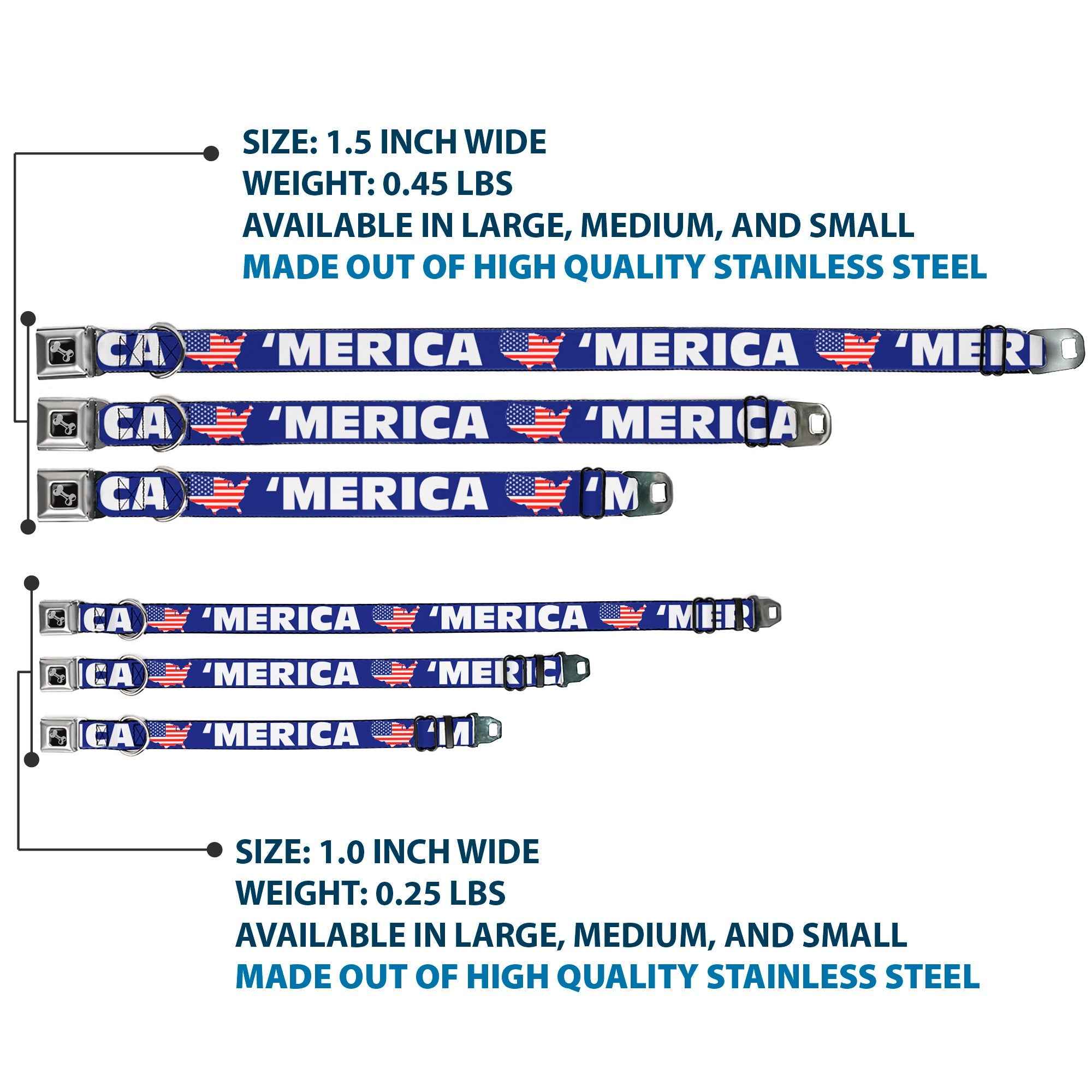 Dog Bone Seatbelt Buckle Collar - MERICA/USA Silhouette Blue/White/US Flag