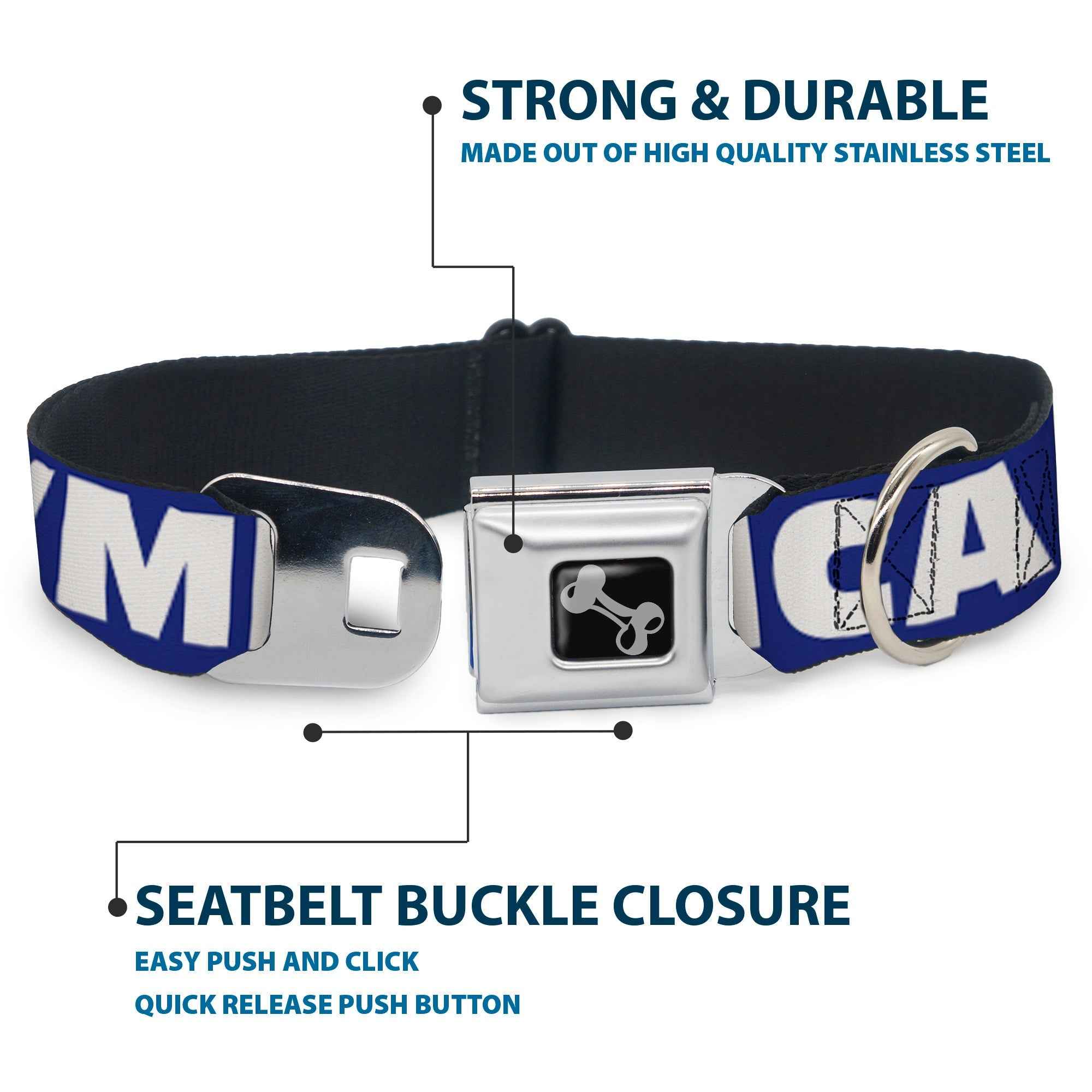 Dog Bone Seatbelt Buckle Collar - MERICA/USA Silhouette Blue/White/US Flag