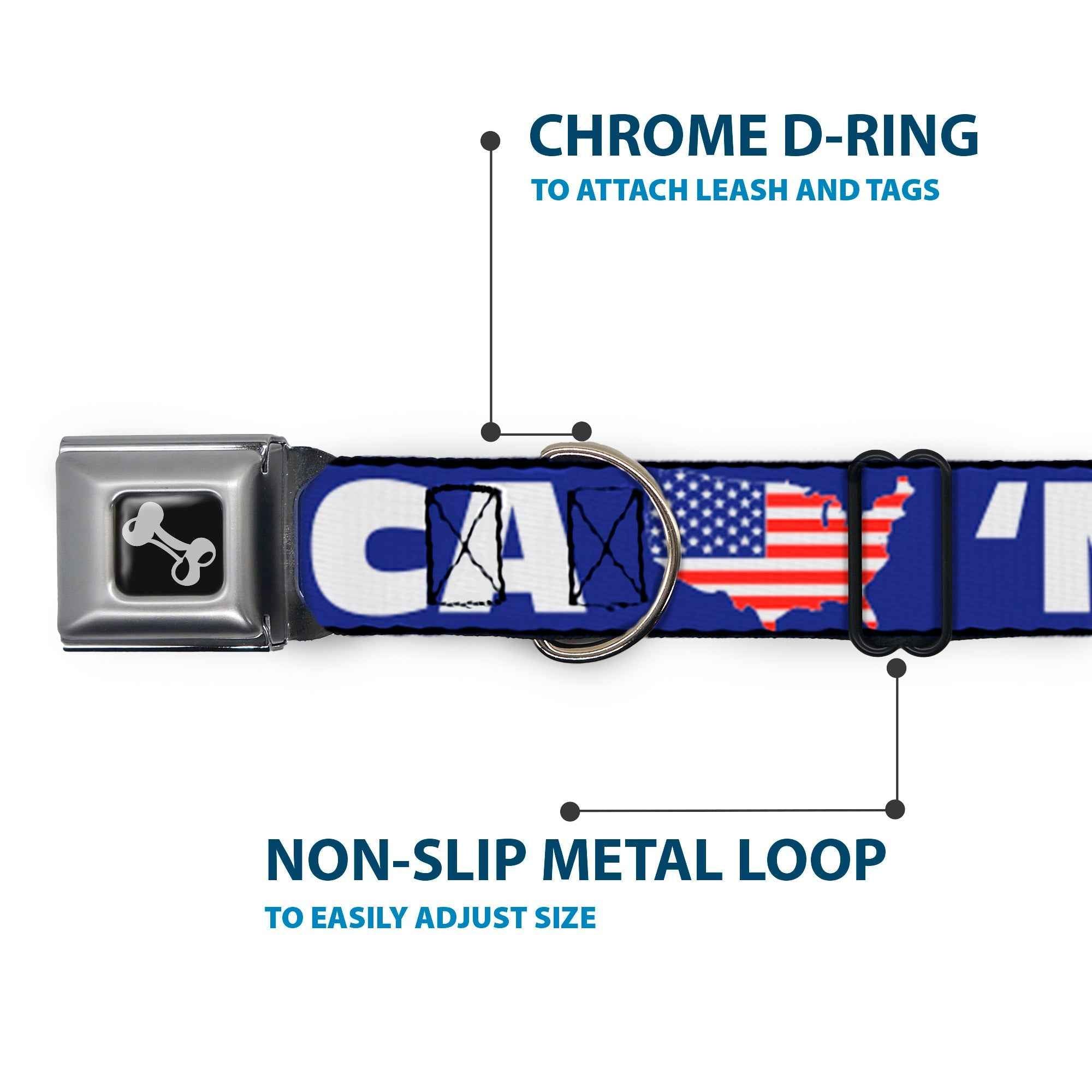 Dog Bone Seatbelt Buckle Collar - MERICA/USA Silhouette Blue/White/US Flag