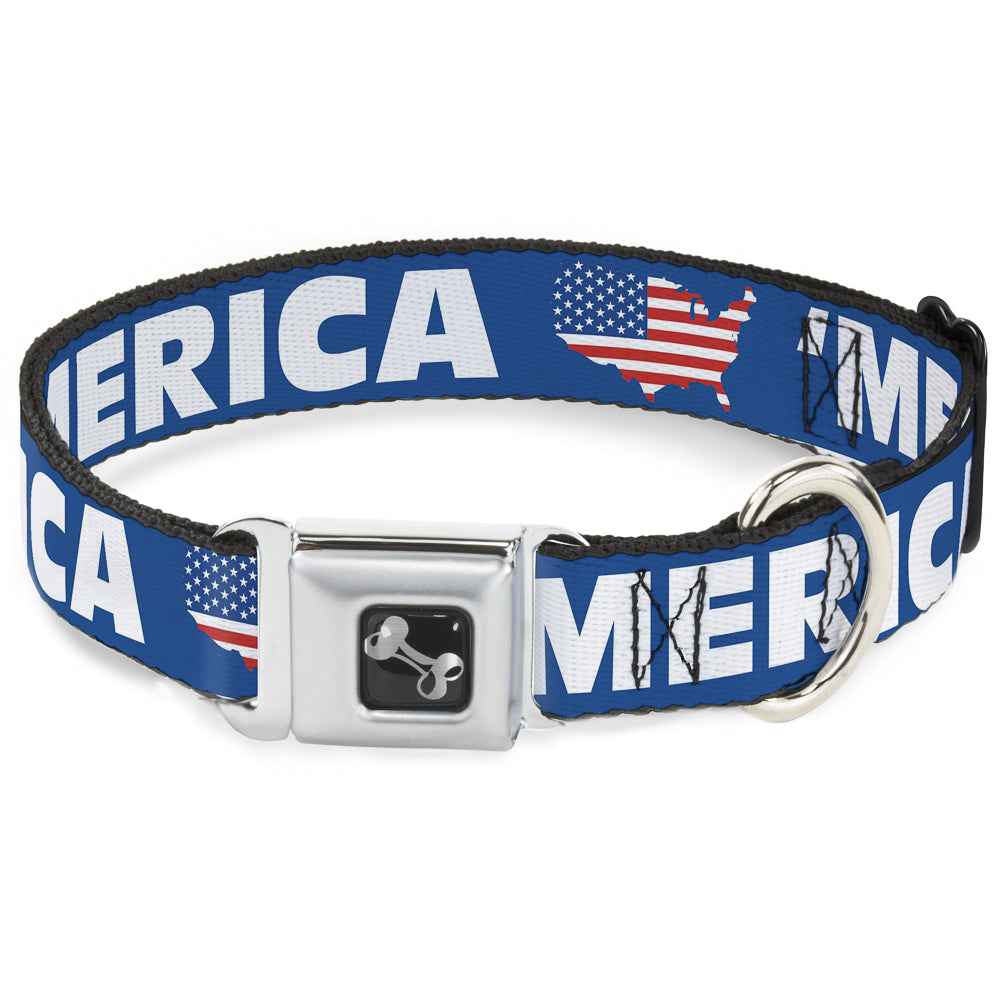 Dog Bone Seatbelt Buckle Collar - MERICA/USA Silhouette Blue/White/US Flag