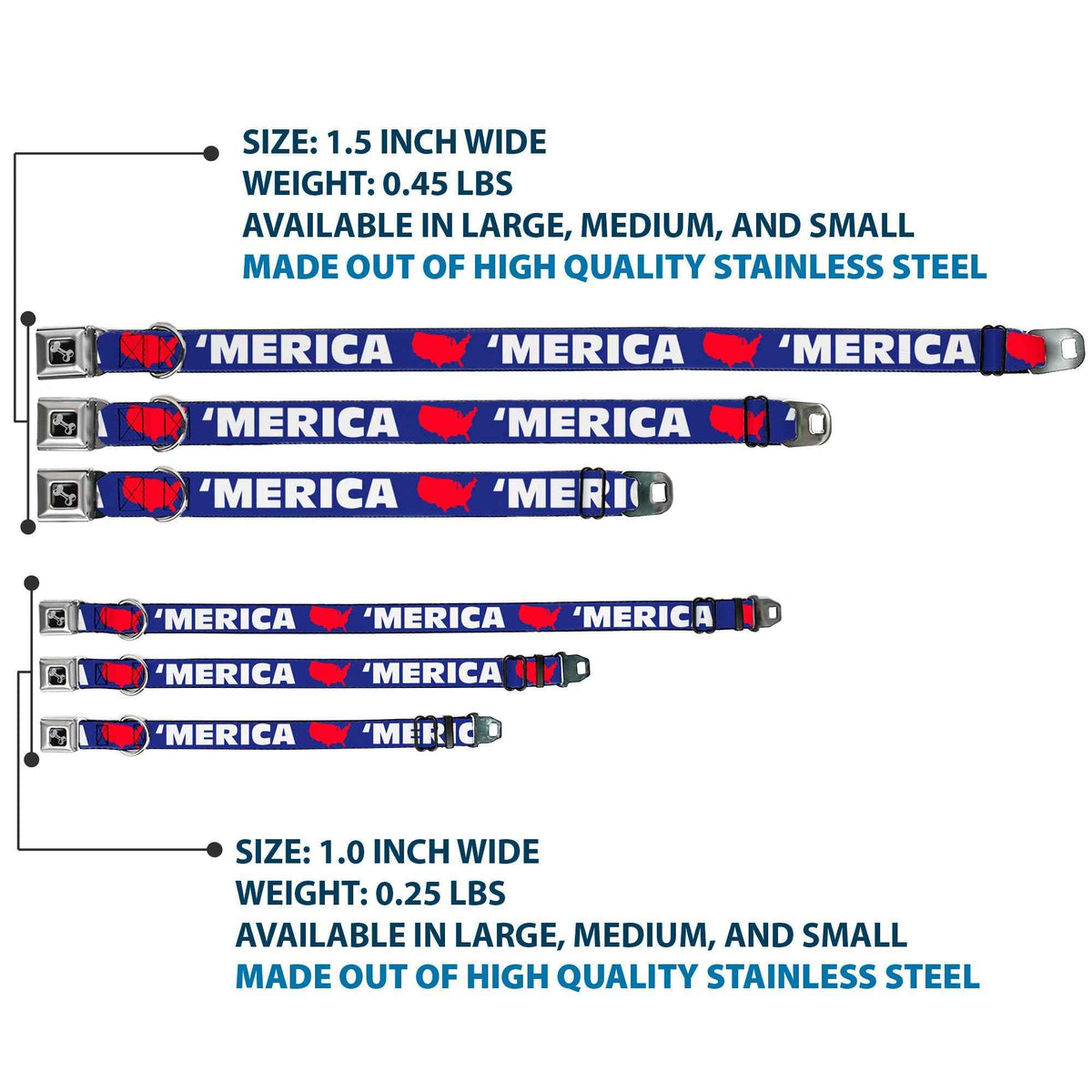 Dog Bone Seatbelt Buckle Collar - MERICA/USA Silhouette Blue/White/Red