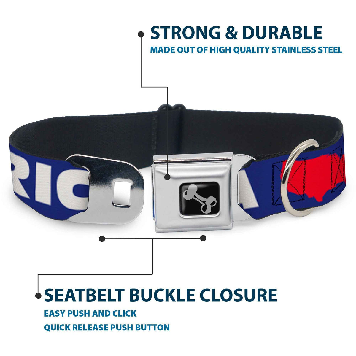 Dog Bone Seatbelt Buckle Collar - MERICA/USA Silhouette Blue/White/Red