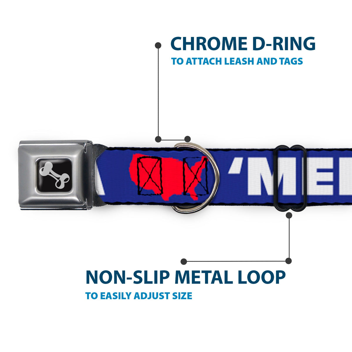 Dog Bone Seatbelt Buckle Collar - MERICA/USA Silhouette Blue/White/Red | HT Animal Supply