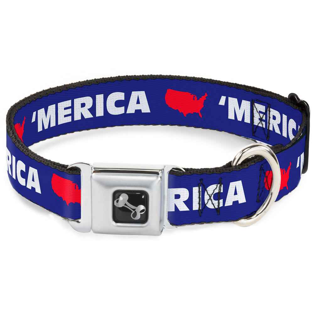 Dog Bone Seatbelt Buckle Collar - MERICA/USA Silhouette Blue/White/Red