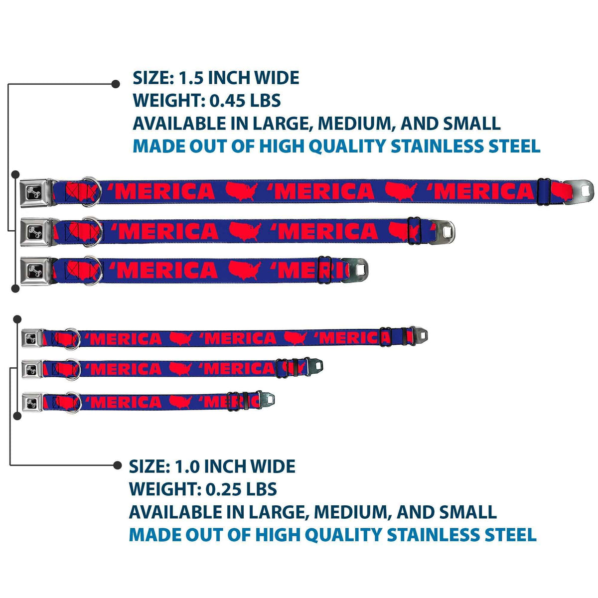 Dog Bone Seatbelt Buckle Collar - MERICA/USA Silhouette Blue/Red