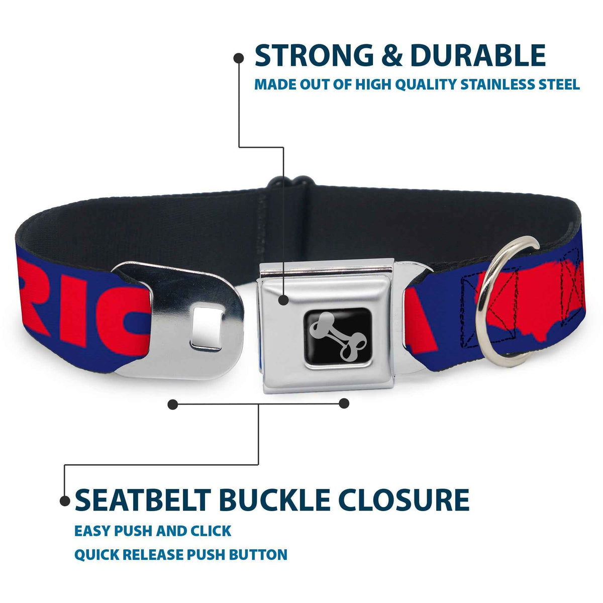 Dog Bone Seatbelt Buckle Collar - MERICA/USA Silhouette Blue/Red