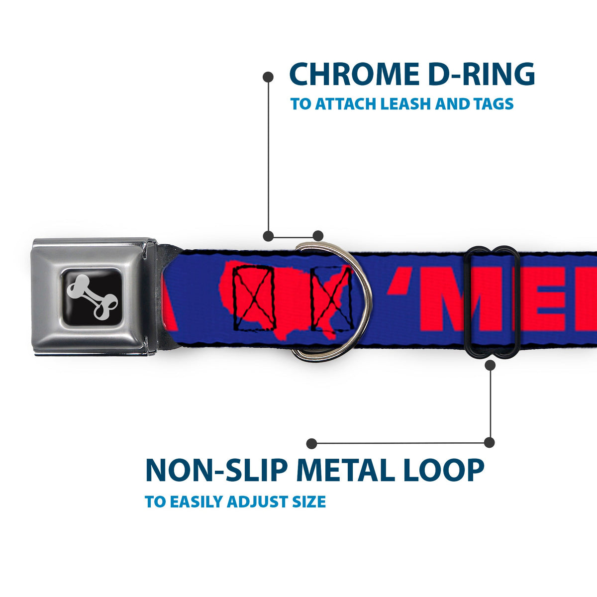 Dog Bone Seatbelt Buckle Collar - MERICA/USA Silhouette Blue/Red | HT Animal Supply