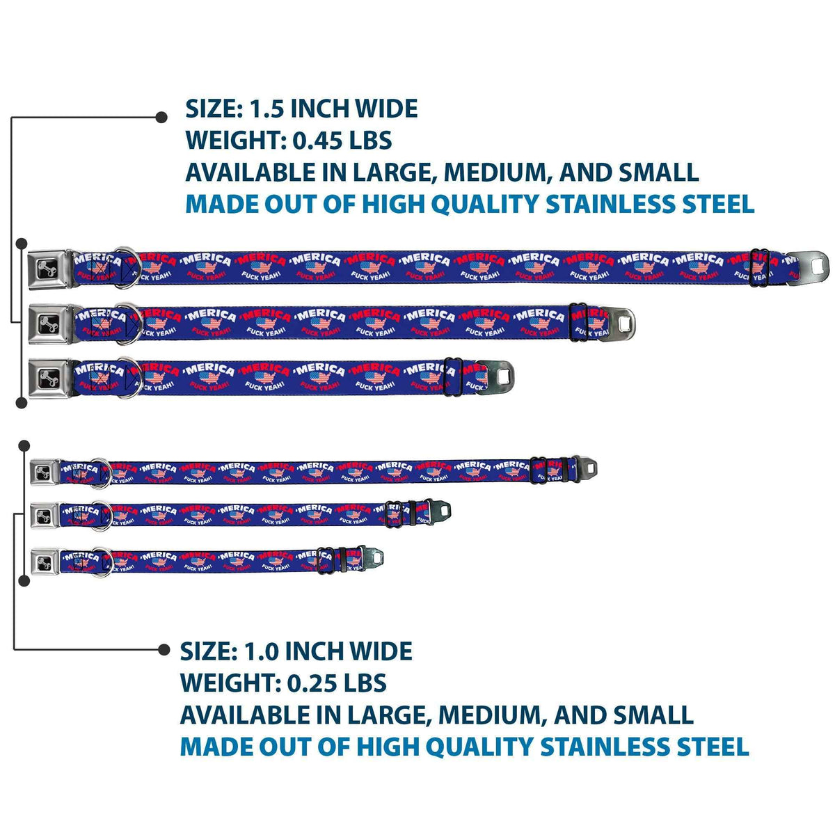 Dog Bone Seatbelt Buckle Collar - MERICA FUCK YEAH!/USA Silhouette Blue/White/Red/US Flag