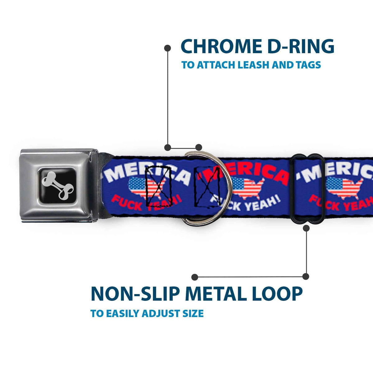 Dog Bone Seatbelt Buckle Collar - MERICA FUCK YEAH!/USA Silhouette Blue/White/Red/US Flag