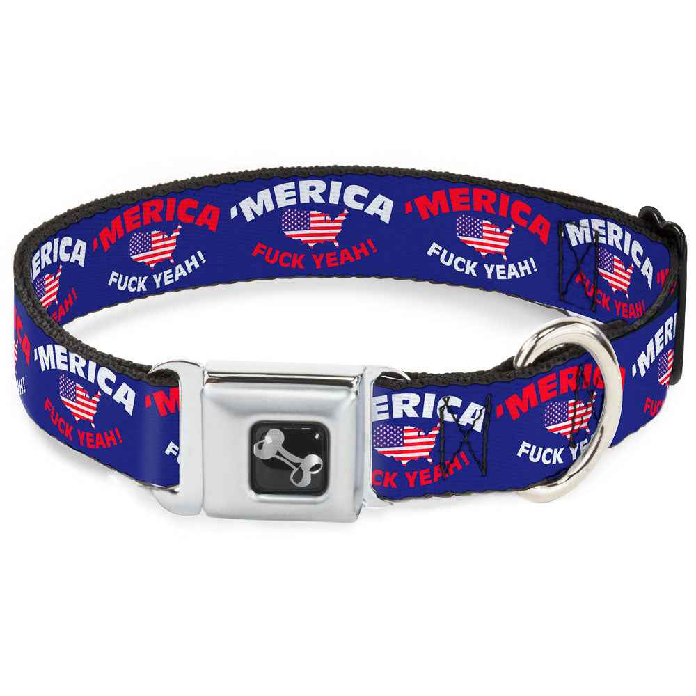 Dog Bone Seatbelt Buckle Collar - MERICA FUCK YEAH!/USA Silhouette Blue/White/Red/US Flag