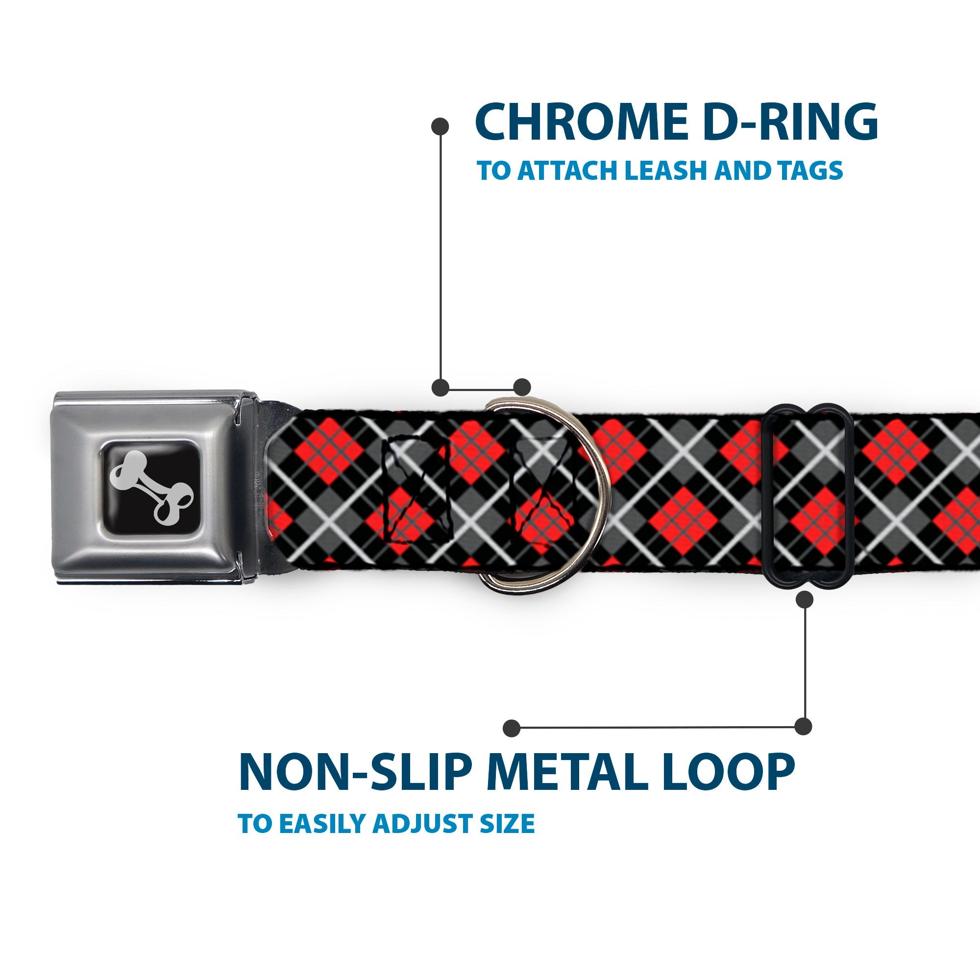 Dog Bone Seatbelt Buckle Collar - Argyle Black/Gray/Red