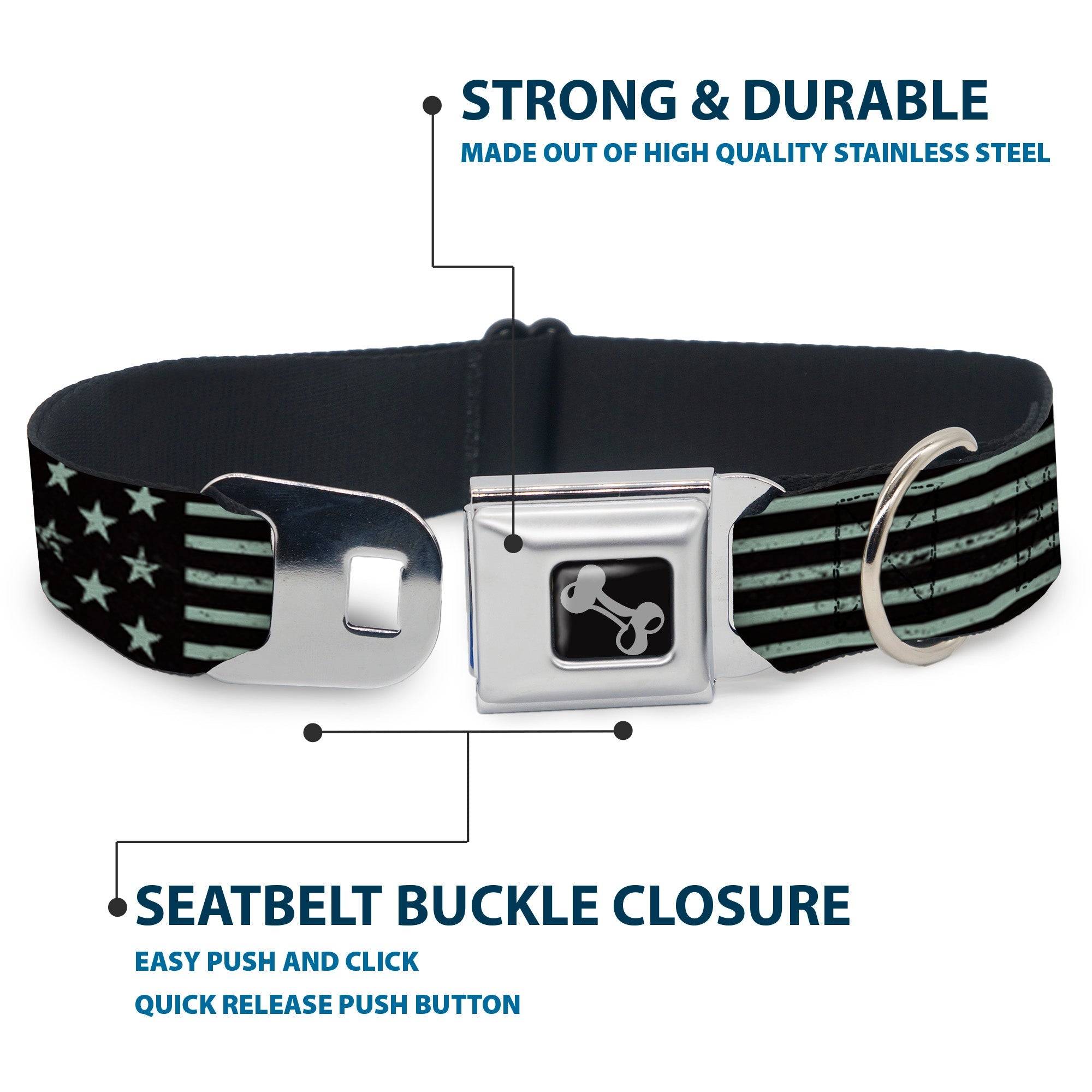 Buckle-Down Americana Stars & Stripes2 Weathered Black/Gray Seatbelt Buckle Dog Collar