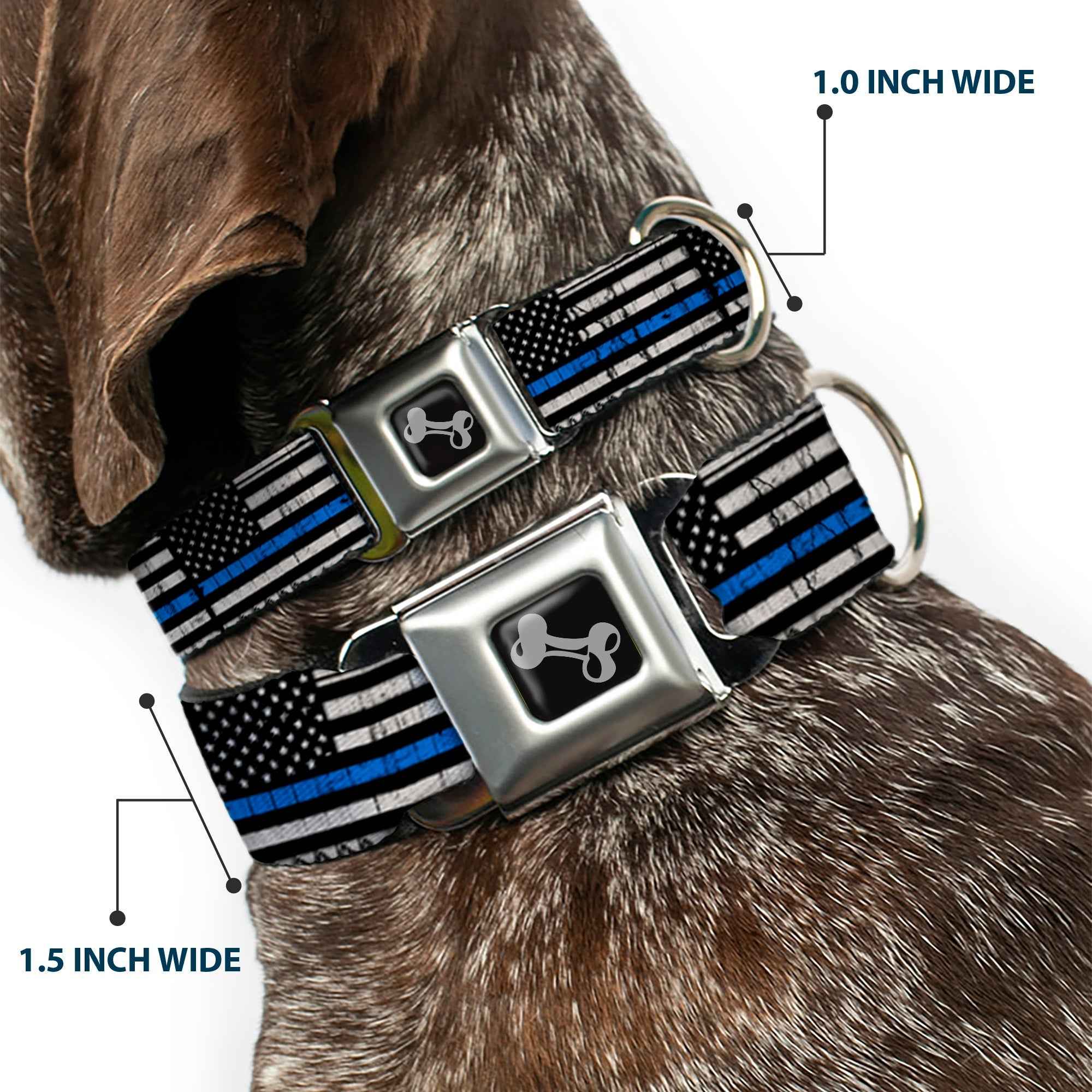 Buckle-Down Dog Bone Black/Silver Seatbelt Buckle Dog Collar - Thin Blue Line Flag Weathered Black/Gray/Blue