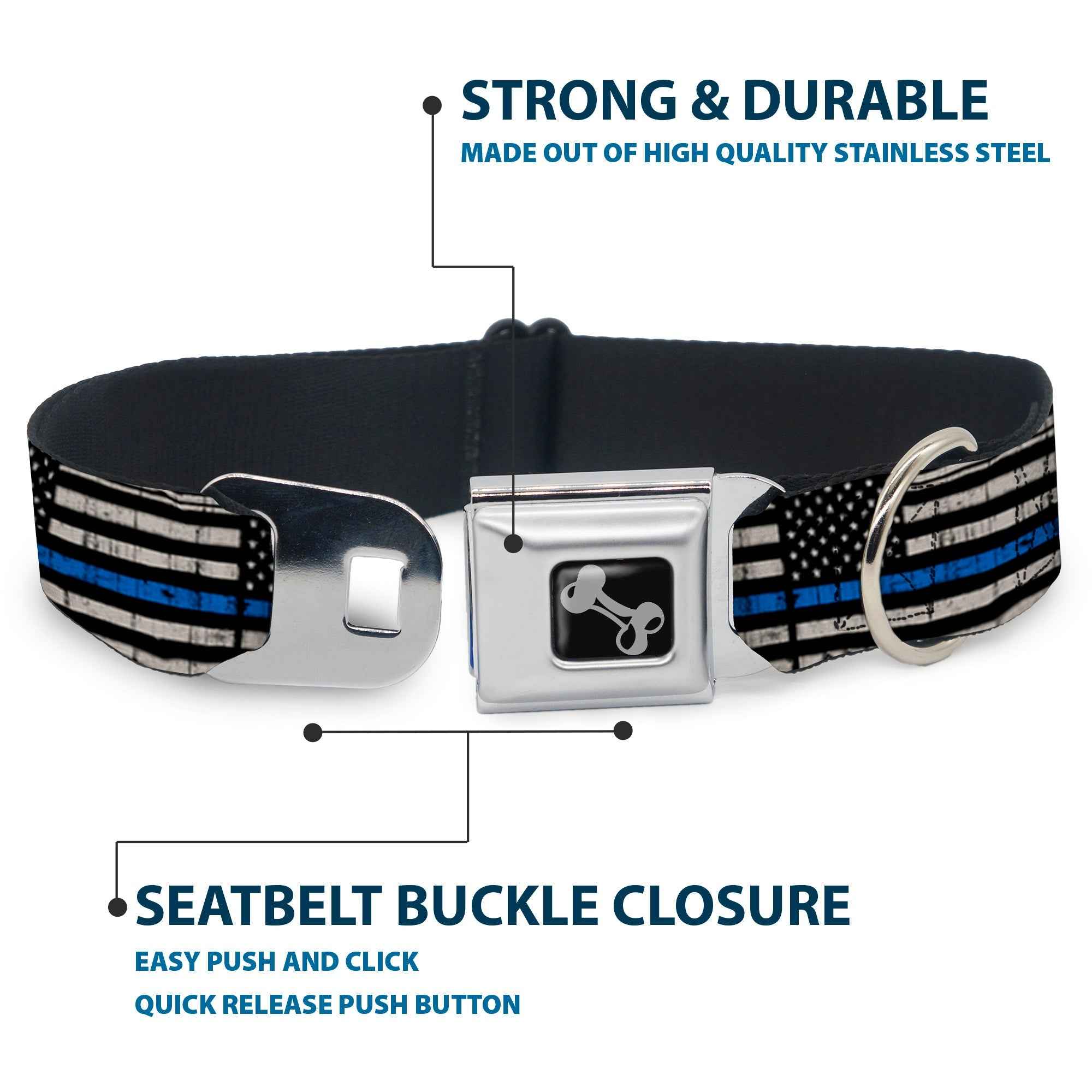 Buckle-Down Dog Bone Black/Silver Seatbelt Buckle Dog Collar - Thin Blue Line Flag Weathered Black/Gray/Blue