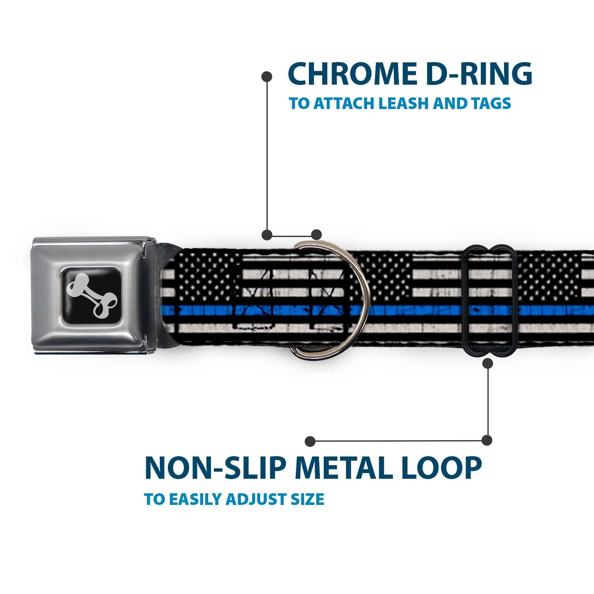 Buckle-Down Dog Bone Black/Silver Seatbelt Buckle Dog Collar - Thin Blue Line Flag Weathered Black/Gray/Blue