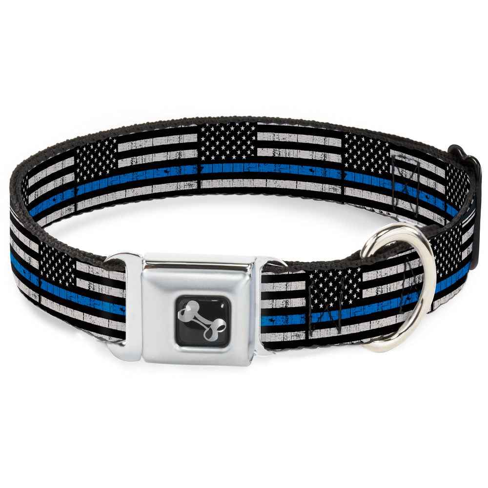 Buckle-Down Dog Bone Black/Silver Seatbelt Buckle Dog Collar - Thin Blue Line Flag Weathered Black/Gray/Blue