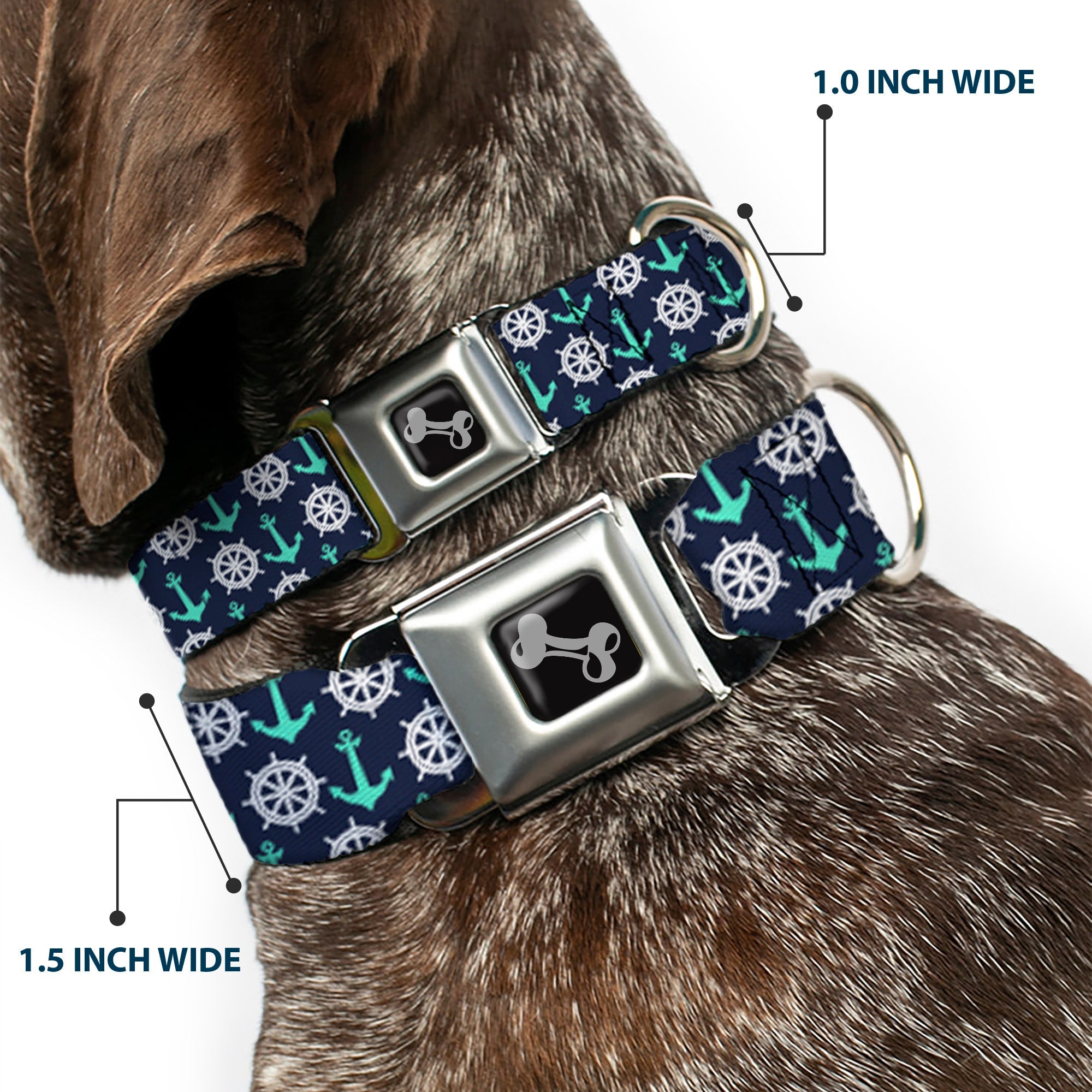 Dog Bone Seatbelt Buckle Collar - Anchor2/Helm Monogram Navy/Turquoise/White