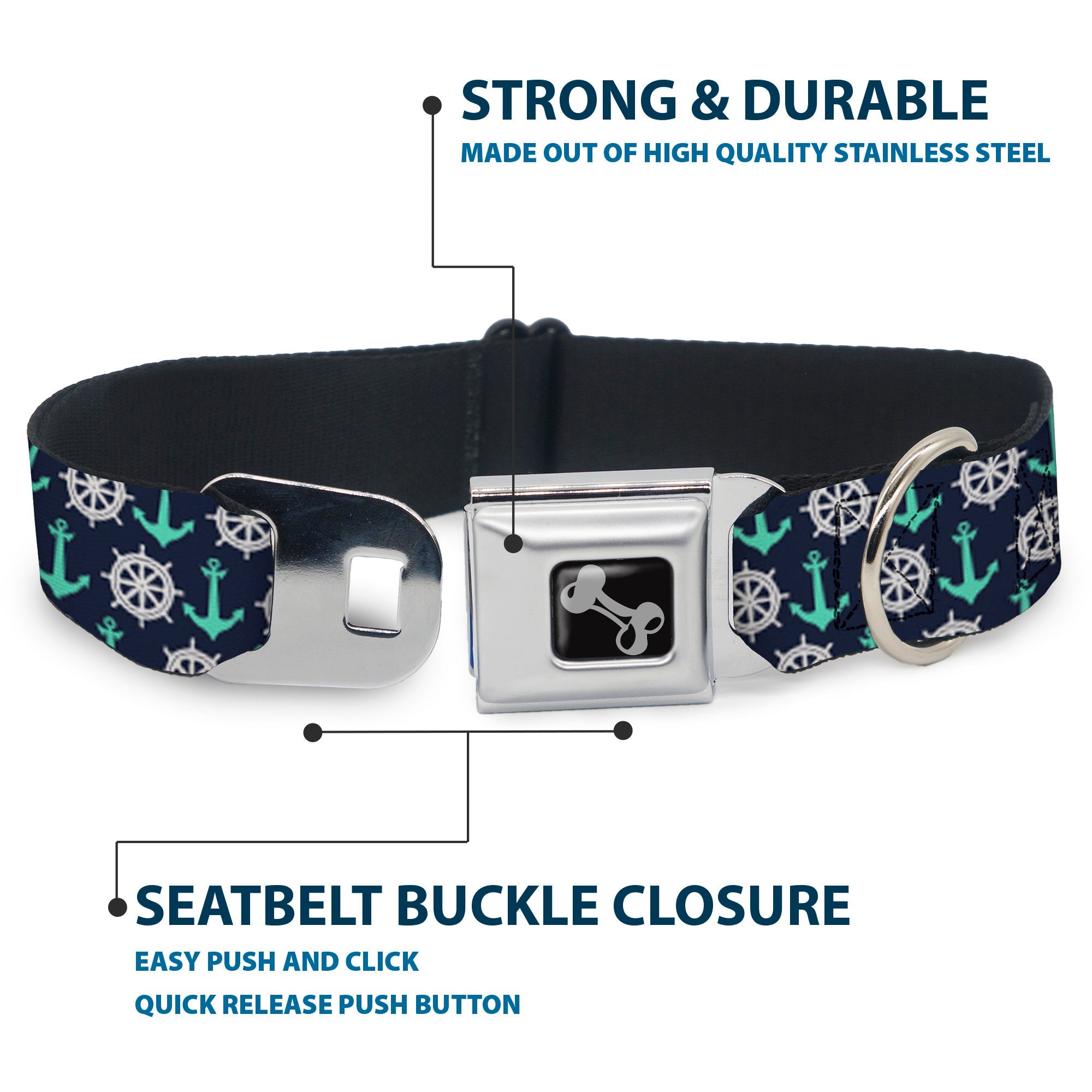 Dog Bone Seatbelt Buckle Collar - Anchor2/Helm Monogram Navy/Turquoise/White