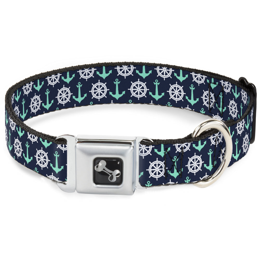 Dog Bone Seatbelt Buckle Collar - Anchor2/Helm Monogram Navy/Turquoise/White