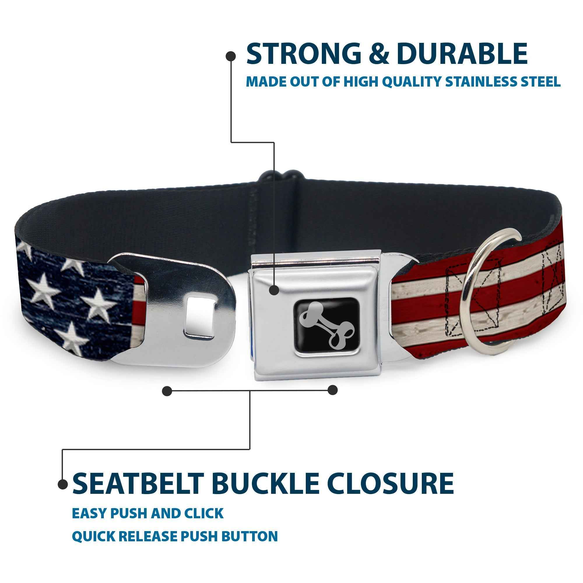Buckle-Down Americana Rustic Stars & Stripes Seatbelt Buckle Dog Collar