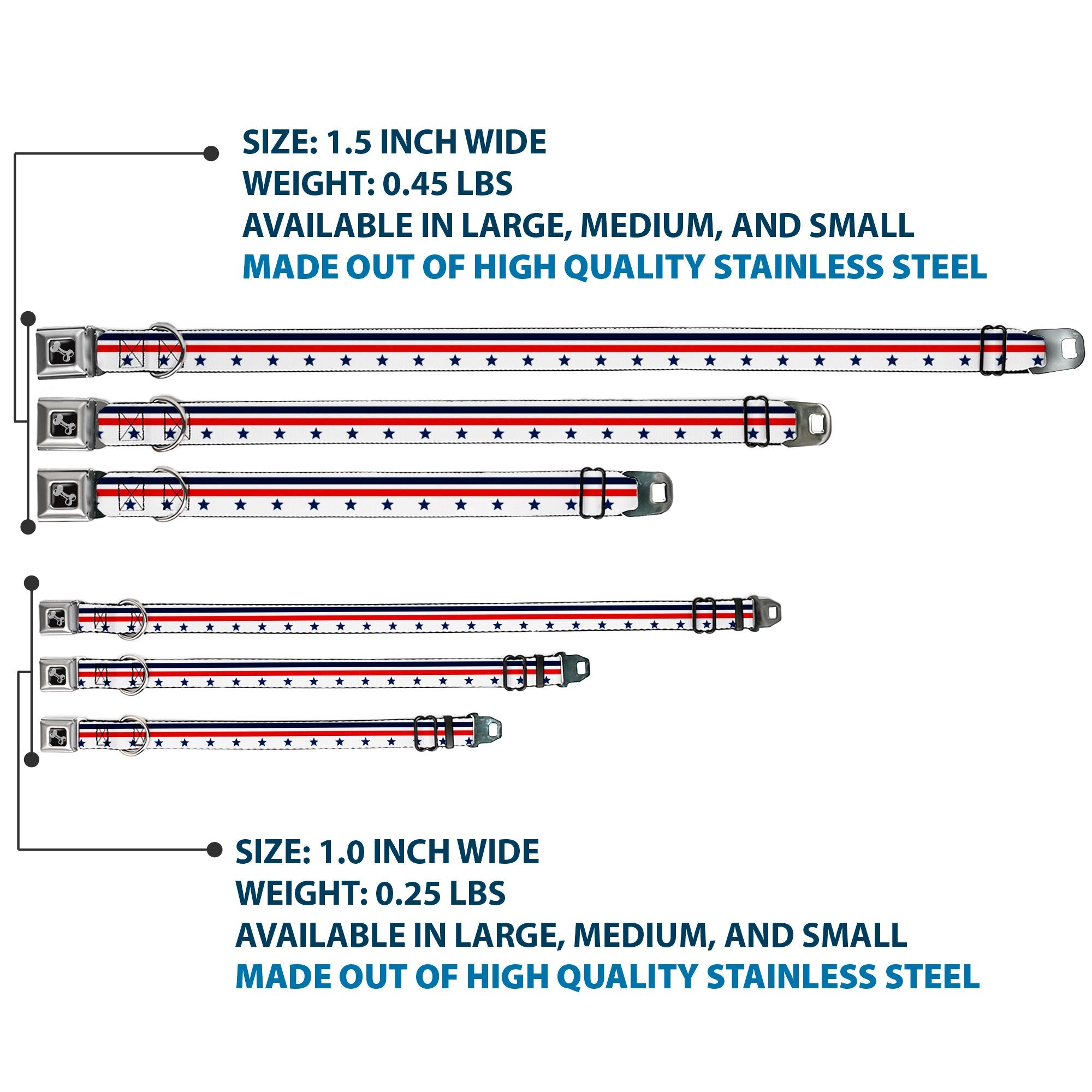 Dog Bone Seatbelt Buckle Collar - Americana Stars & Stripes5 White/Blue/Red