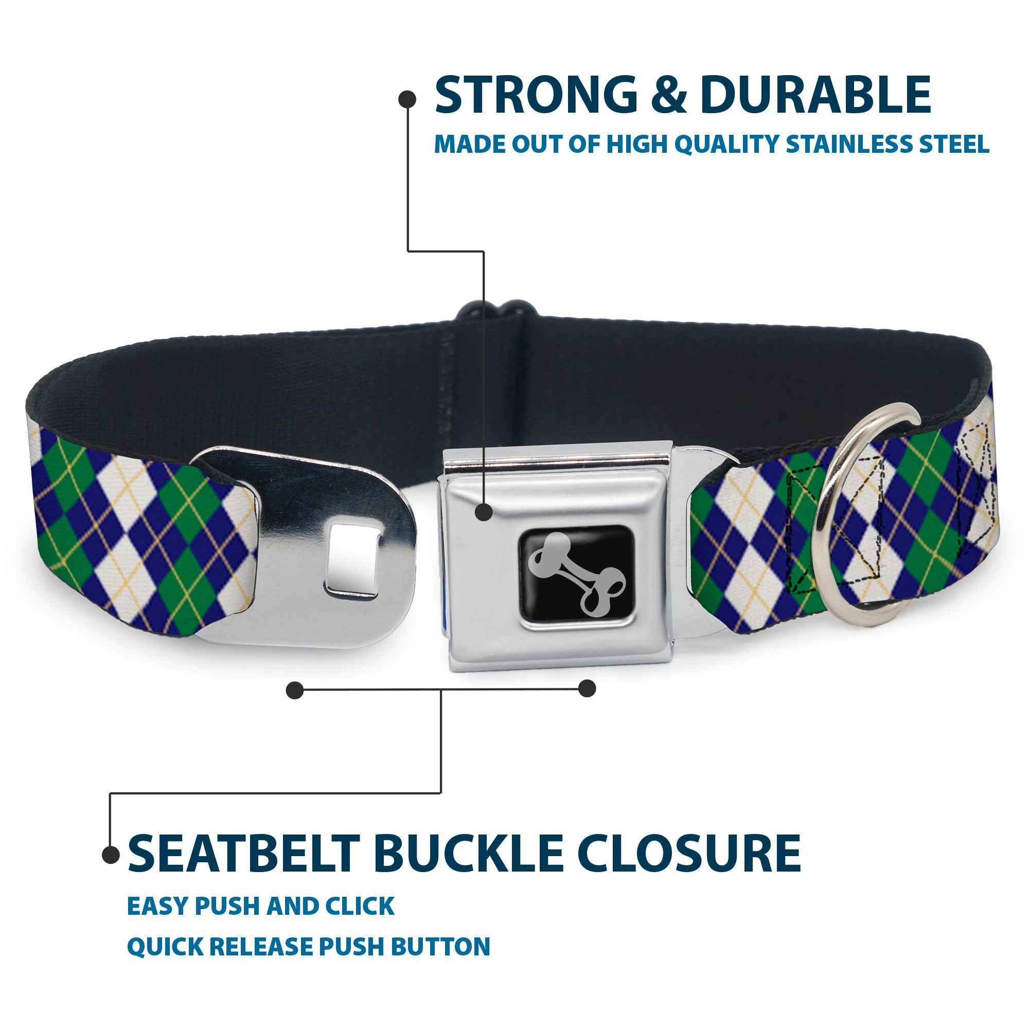 Buckle-Down Dog Bone Black/Silver Seatbelt Buckle Dog Collar - Argyle Navy/Green/White/Gold