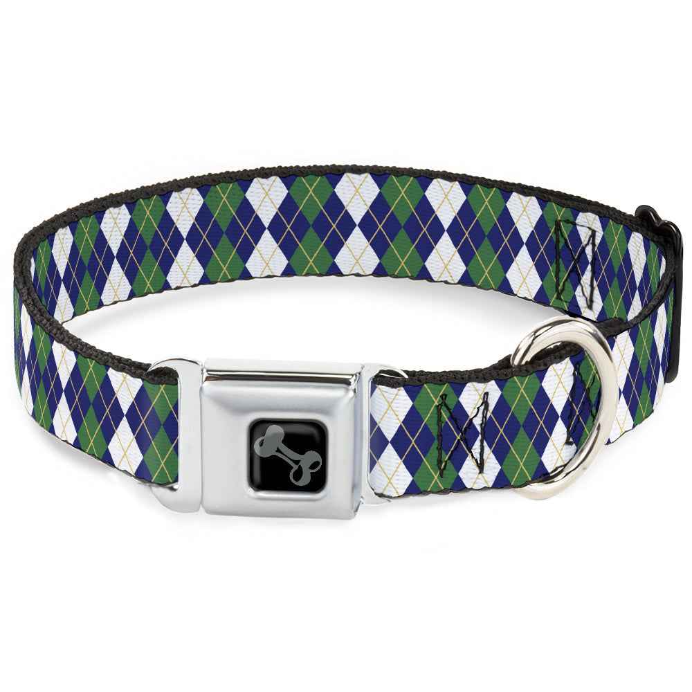 Buckle-Down Dog Bone Black/Silver Seatbelt Buckle Dog Collar - Argyle Navy/Green/White/Gold
