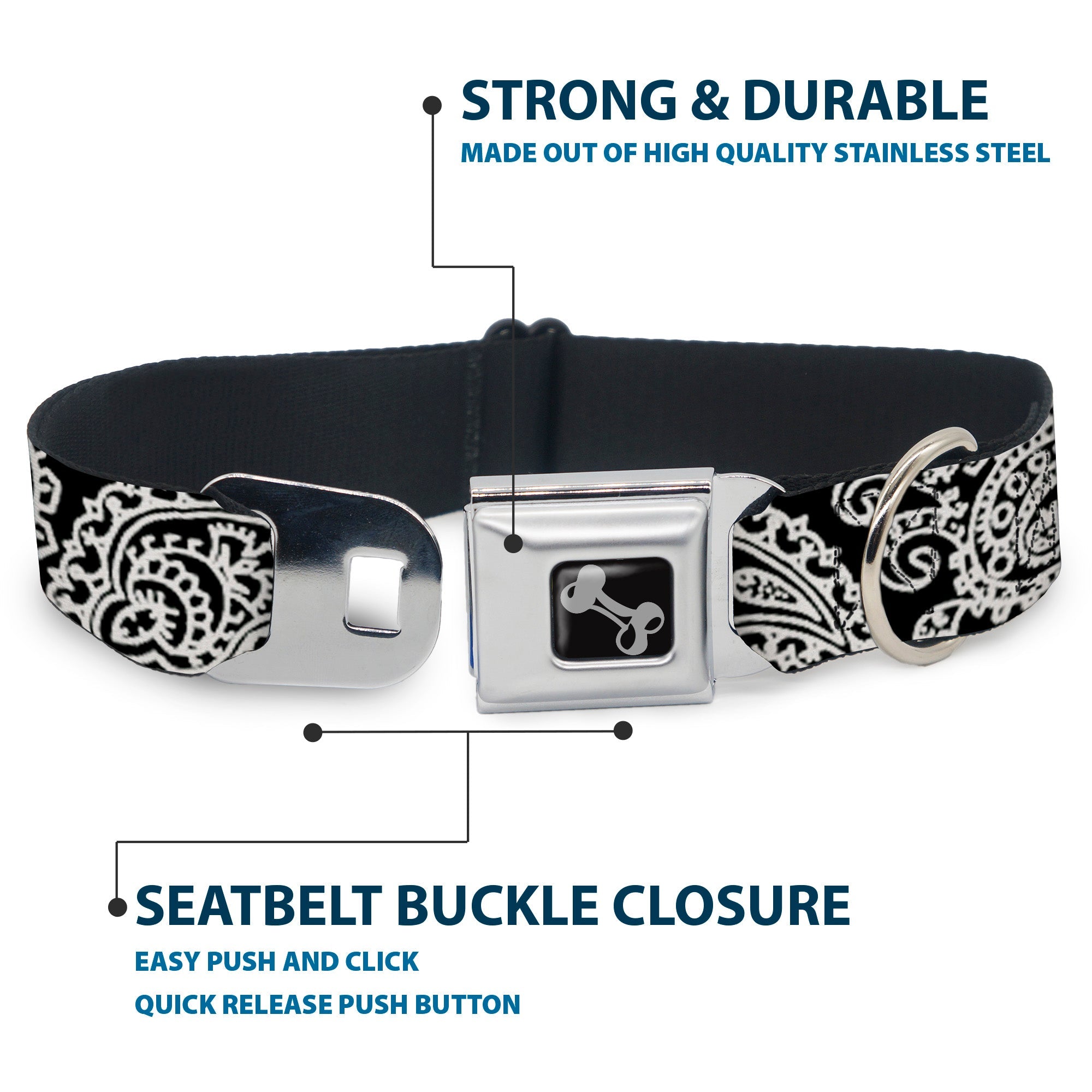 Dog Bone Seatbelt Buckle Collar - Bandana/Skulls Black/White